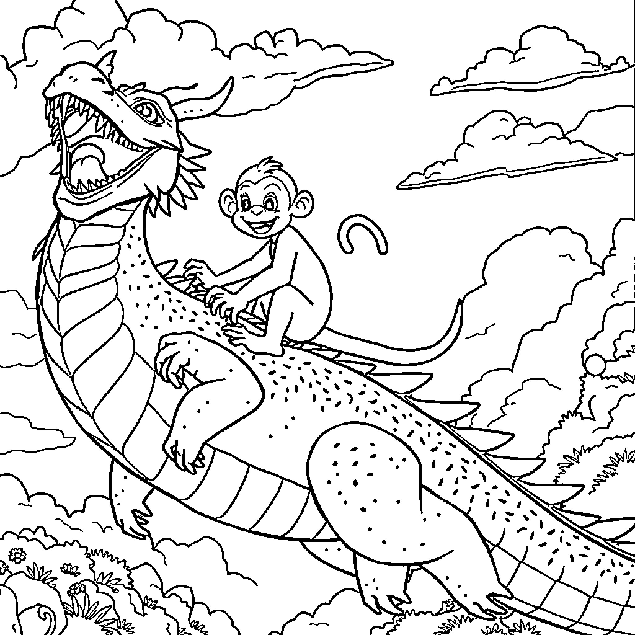 Monkey riding on a friendly dinosaur Coloring Page (free black-and-white line drawing printable PDF for all, from beginners to advanced learners, including children, teens, adults, and seniors)
