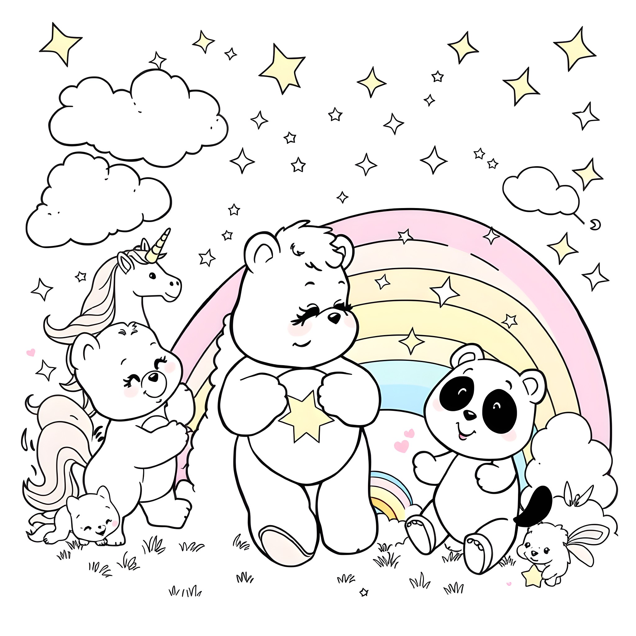 Care Bear Friends in a Whimsical Wonderland Coloring Page (free black-and-white line drawing printable PDF for all, from beginners to advanced learners, including children, teens, adults, and seniors)