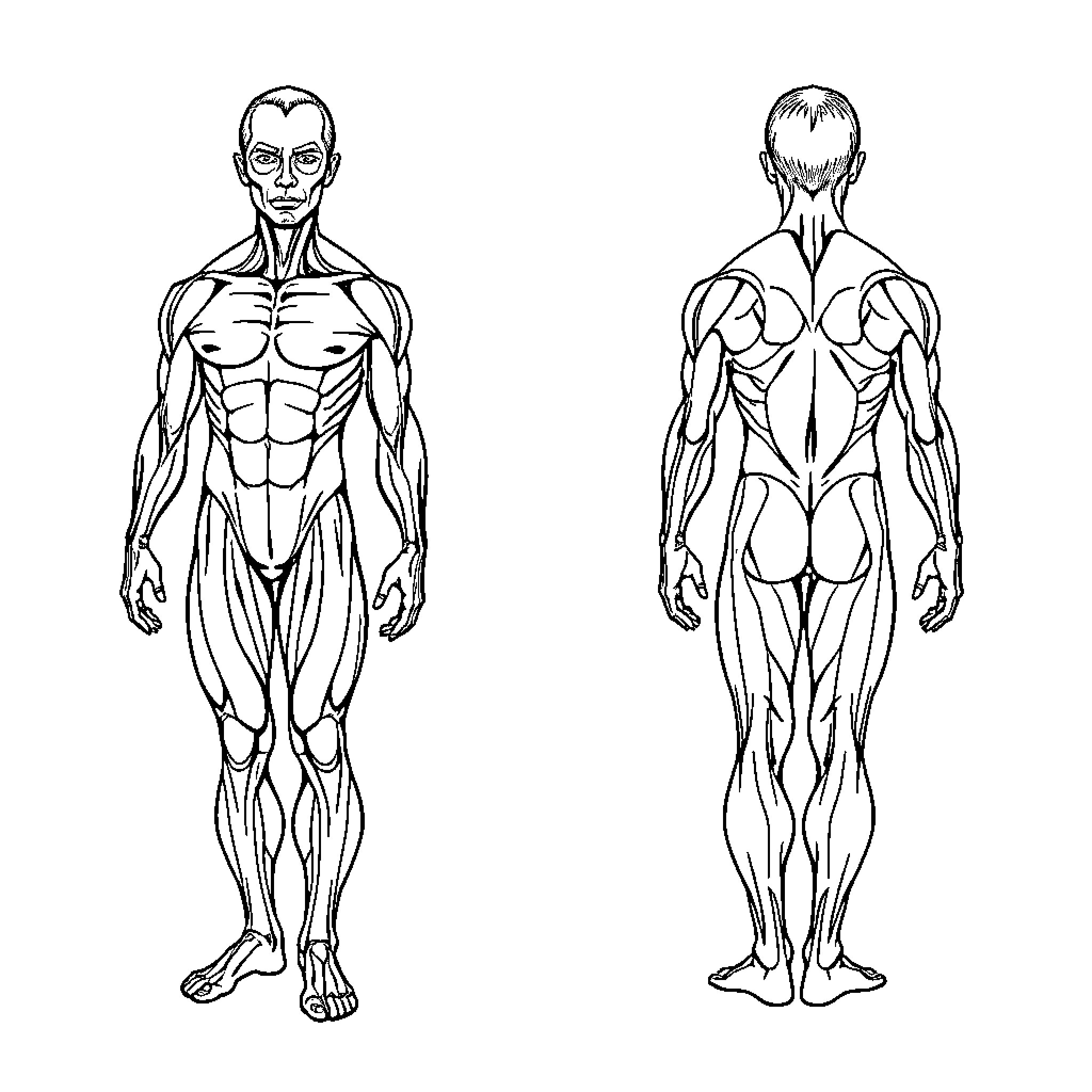 Muscle anatomy drawings of the human body Coloring Page (free black-and-white line drawing printable PDF for all, from beginners to advanced learners, including children, teens, adults, and seniors)
