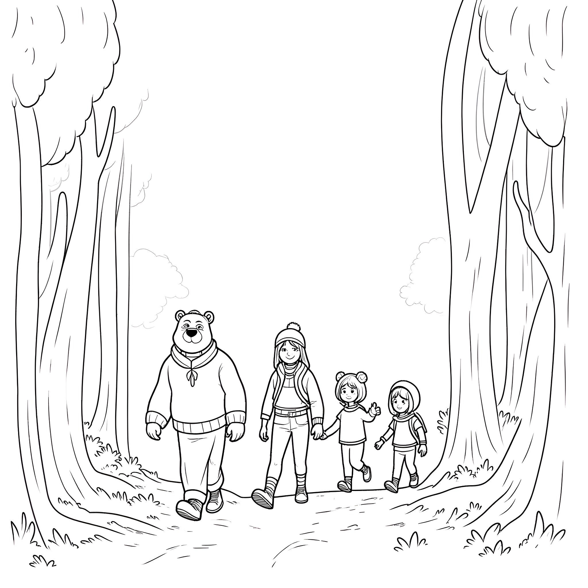 Bear family hiking through the forest Coloring Page (free black-and-white line drawing printable PDF for all, from beginners to advanced learners, including children, teens, adults, and seniors)