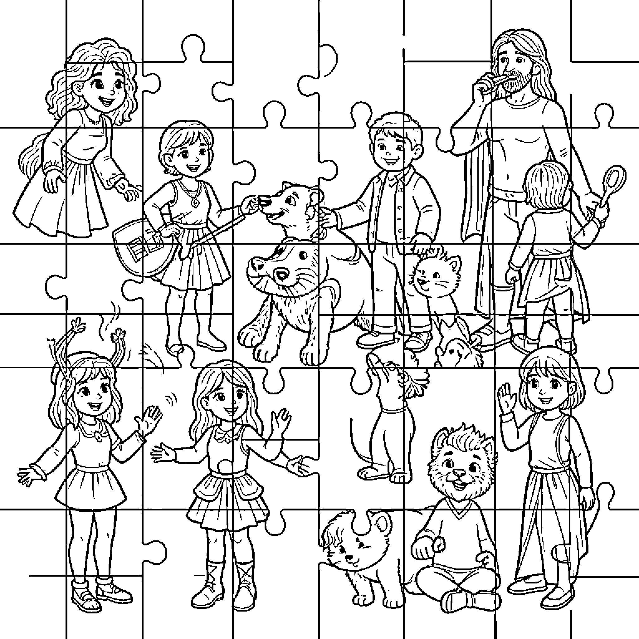 Puzzle of a Diverse Group of People and Pets Coloring Page (free black-and-white line drawing printable PDF for all, from beginners to advanced learners, including children, teens, adults, and seniors)