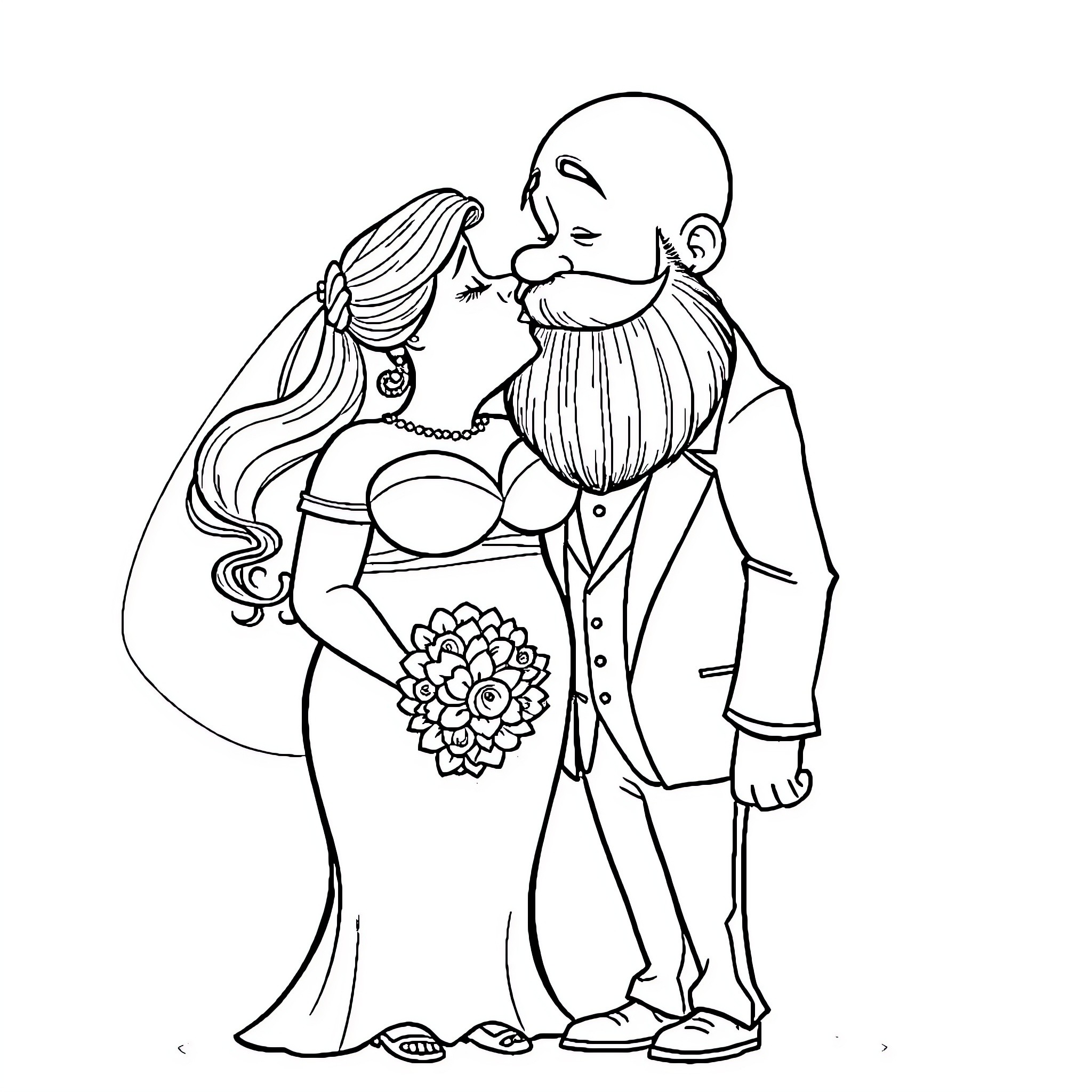 Bride and Groom Embracing in Wedding Attire Coloring Page (free black-and-white line drawing printable PDF for all, from beginners to advanced learners, including children, teens, adults, and seniors)