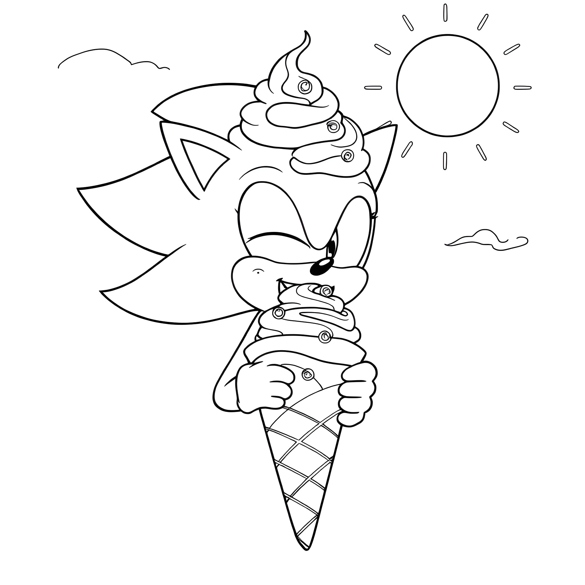 Sonic enjoying a delightful ice cream treat in the sun Coloring Page (free black-and-white line drawing printable PDF for all, from beginners to advanced learners, including children, teens, adults, and seniors)