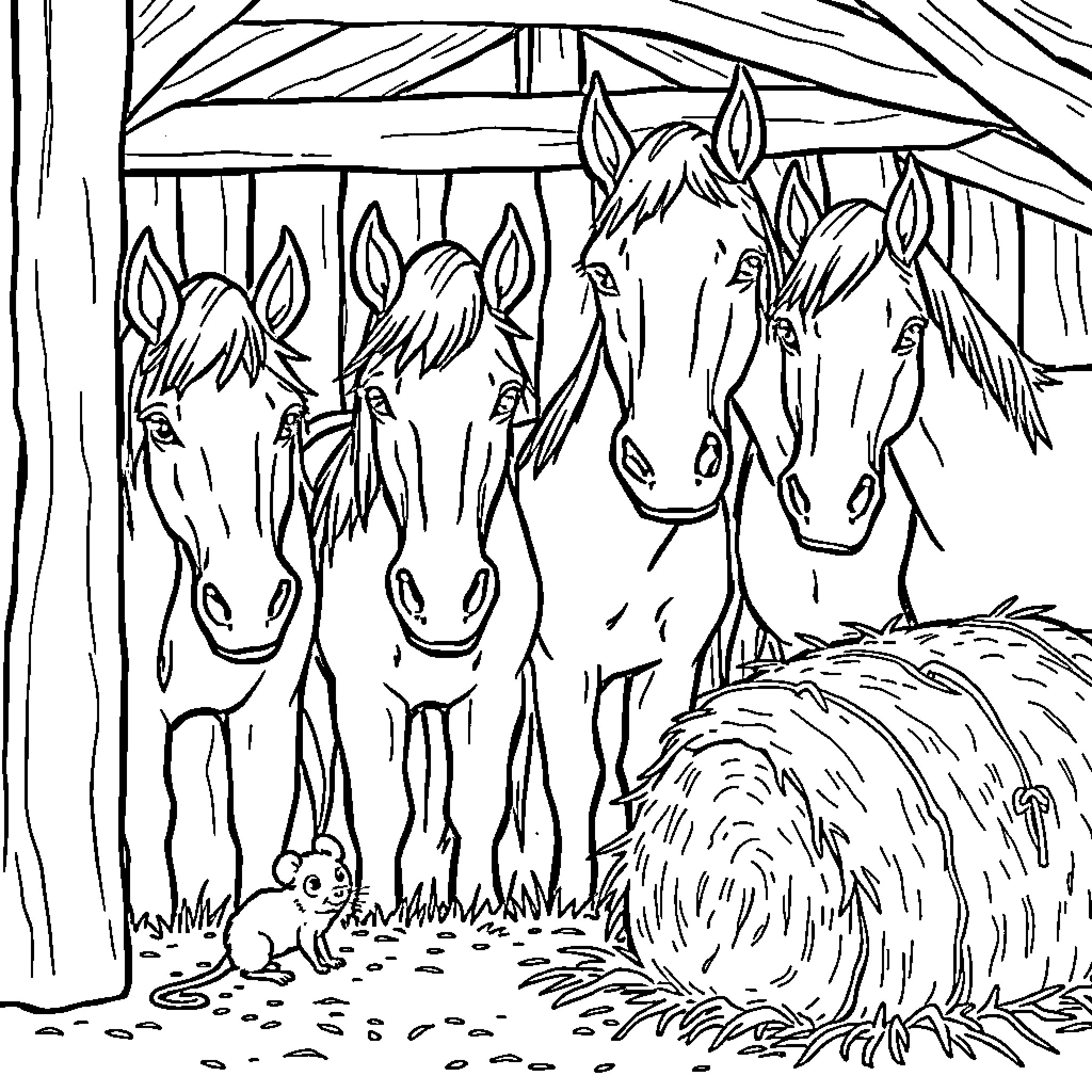 Horses in the Barn Coloring Page (free black-and-white line drawing printable PDF for all, from beginners to advanced learners, including children, teens, adults, and seniors)