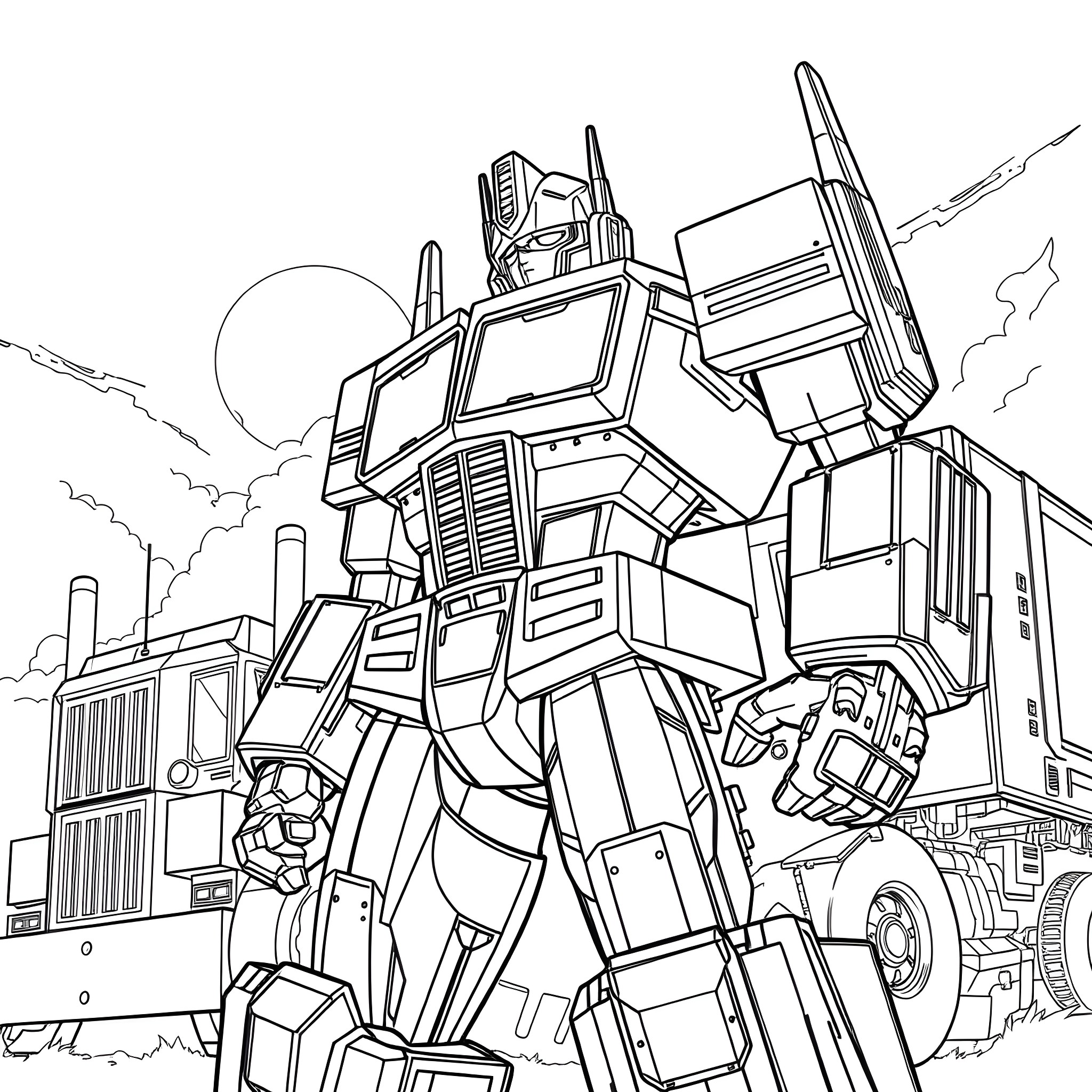 Optimus Prime leading heroic charge in epic battle scene Coloring Page (free black-and-white line drawing printable PDF for all, from beginners to advanced learners, including children, teens, adults, and seniors)