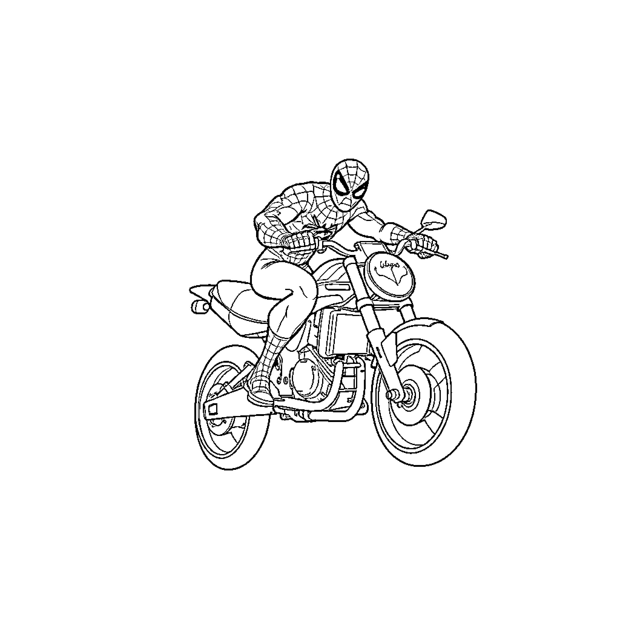 Spiderman riding a motorcycle in action Coloring Page (free black-and-white line drawing printable PDF for all, from beginners to advanced learners, including children, teens, adults, and seniors)