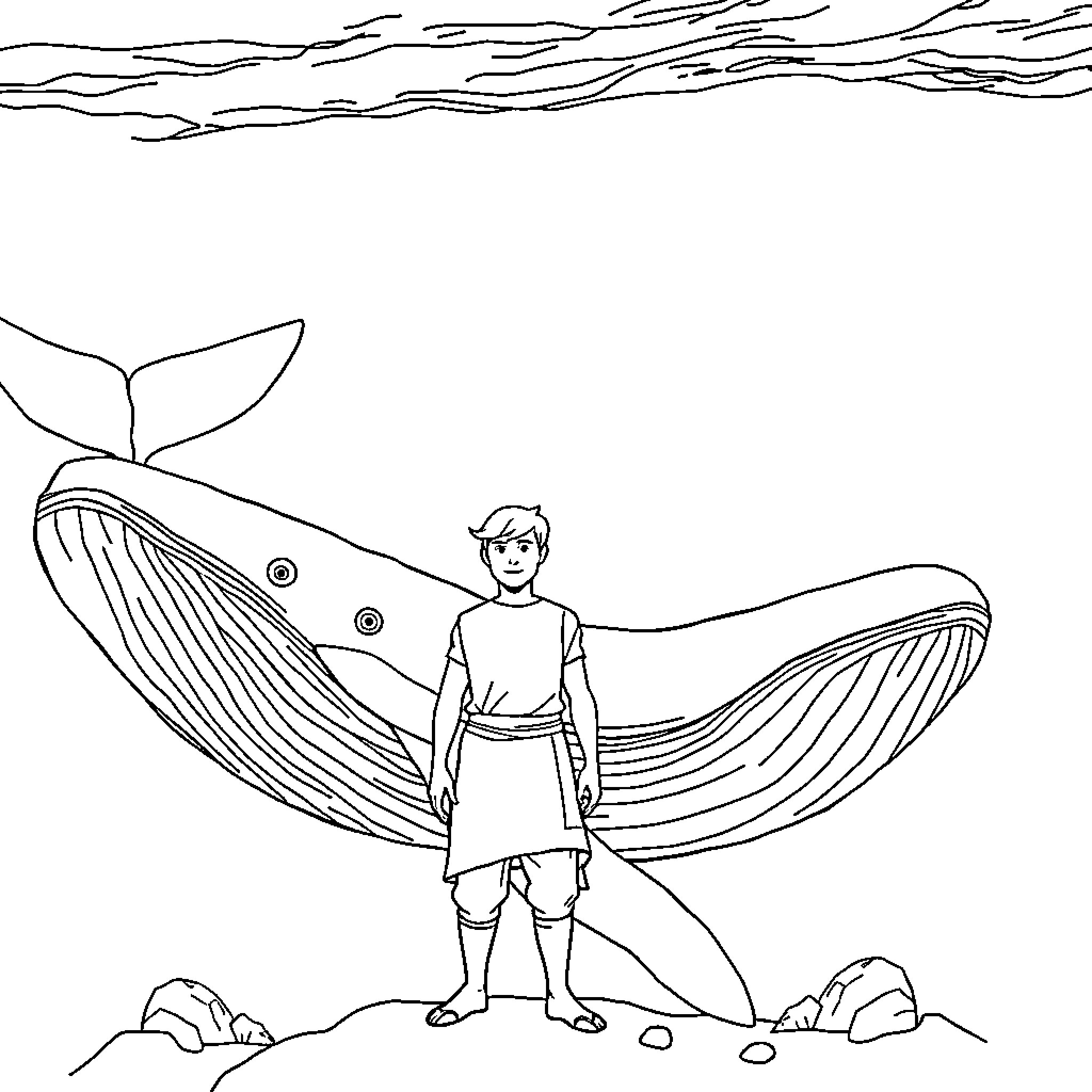 Whale and Human Encounter in the Ocean Coloring Page (free black-and-white line drawing printable PDF for all, from beginners to advanced learners, including children, teens, adults, and seniors)