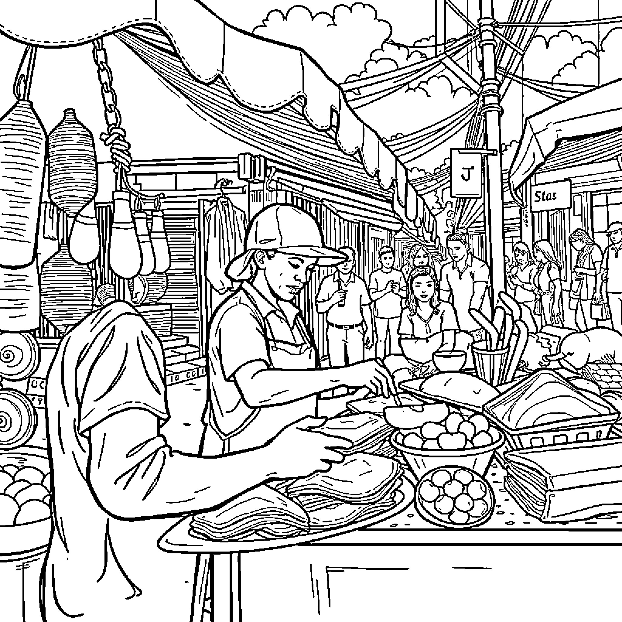 Person working at a busy outdoor market stall Coloring Page (free black-and-white line drawing printable PDF for all, from beginners to advanced learners, including children, teens, adults, and seniors)