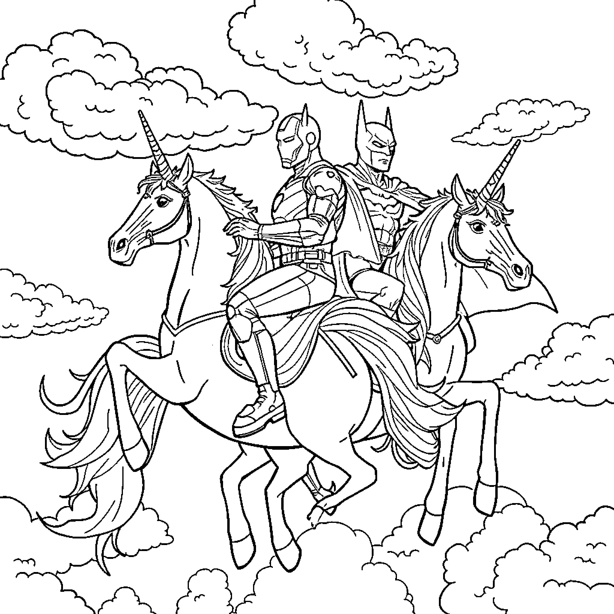 Unicorn knights riding through the clouds Coloring Page (free black-and-white line drawing printable PDF for all, from beginners to advanced learners, including children, teens, adults, and seniors)