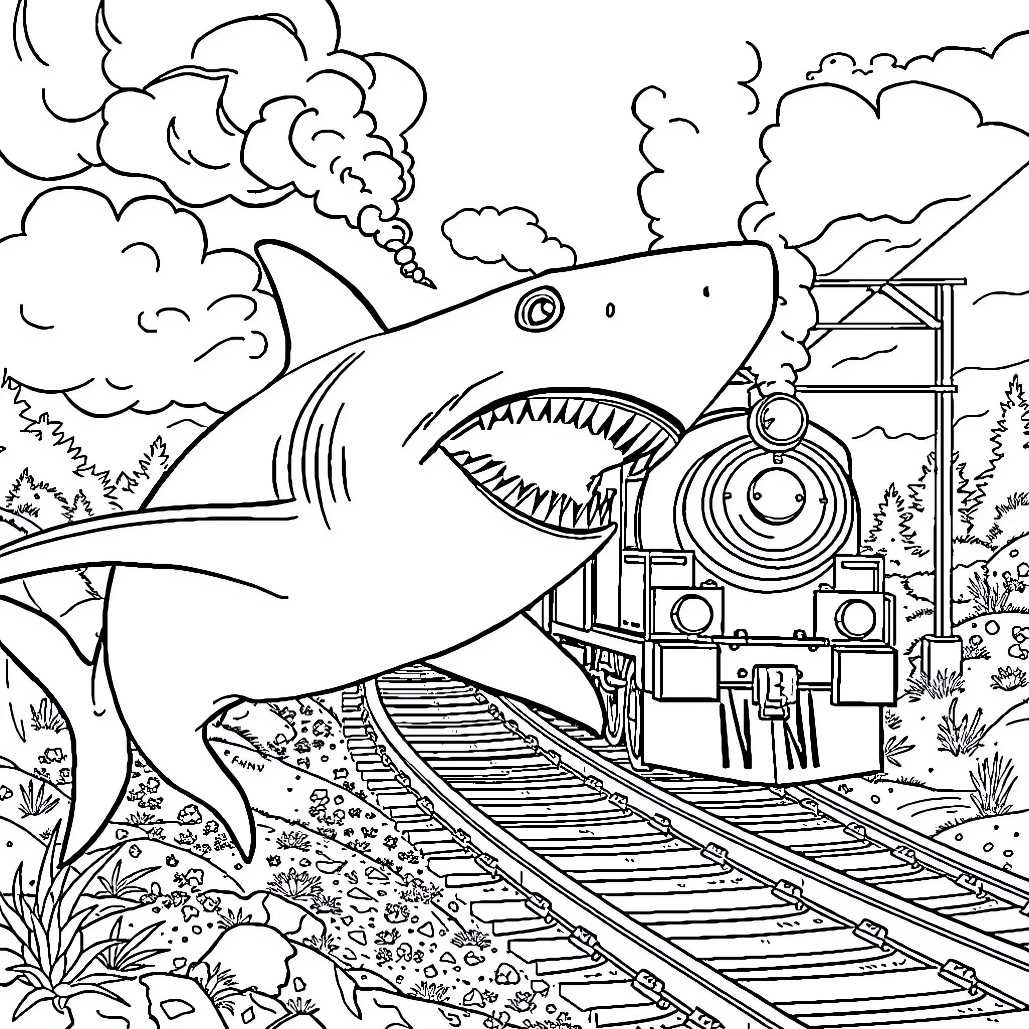 Shark chasing train on railroad tracks Coloring Page (free black-and-white line drawing printable PDF for all, from beginners to advanced learners, including children, teens, adults, and seniors)