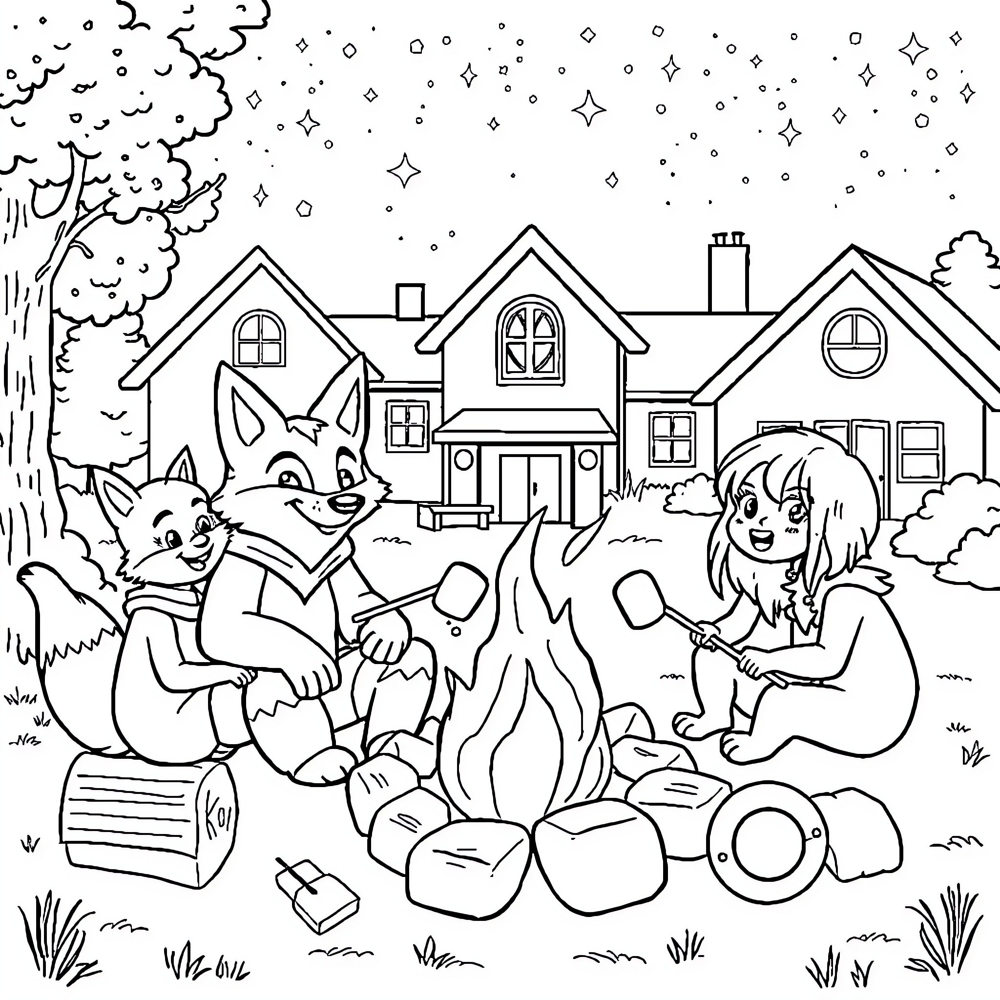 Fox friends enjoying a campfire at night Coloring Page (free black-and-white line drawing printable PDF for all, from beginners to advanced learners, including children, teens, adults, and seniors)