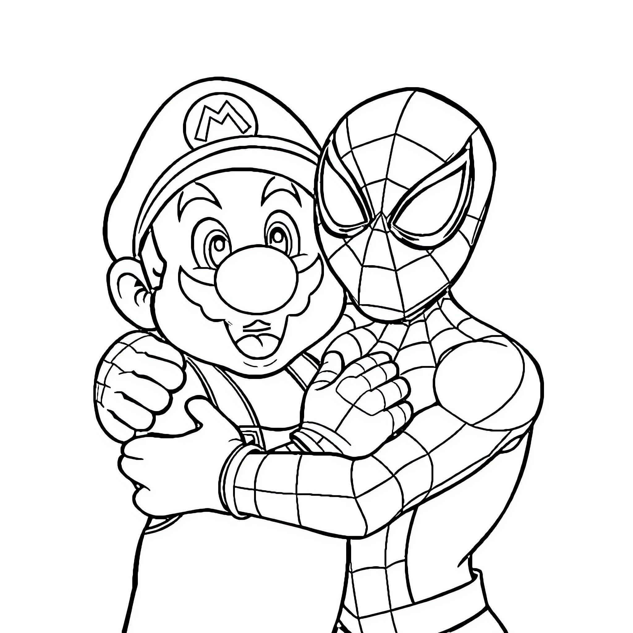 Mario and Spider-Man Embracing Together Coloring Page (free black-and-white line drawing printable PDF for all, from beginners to advanced learners, including children, teens, adults, and seniors)