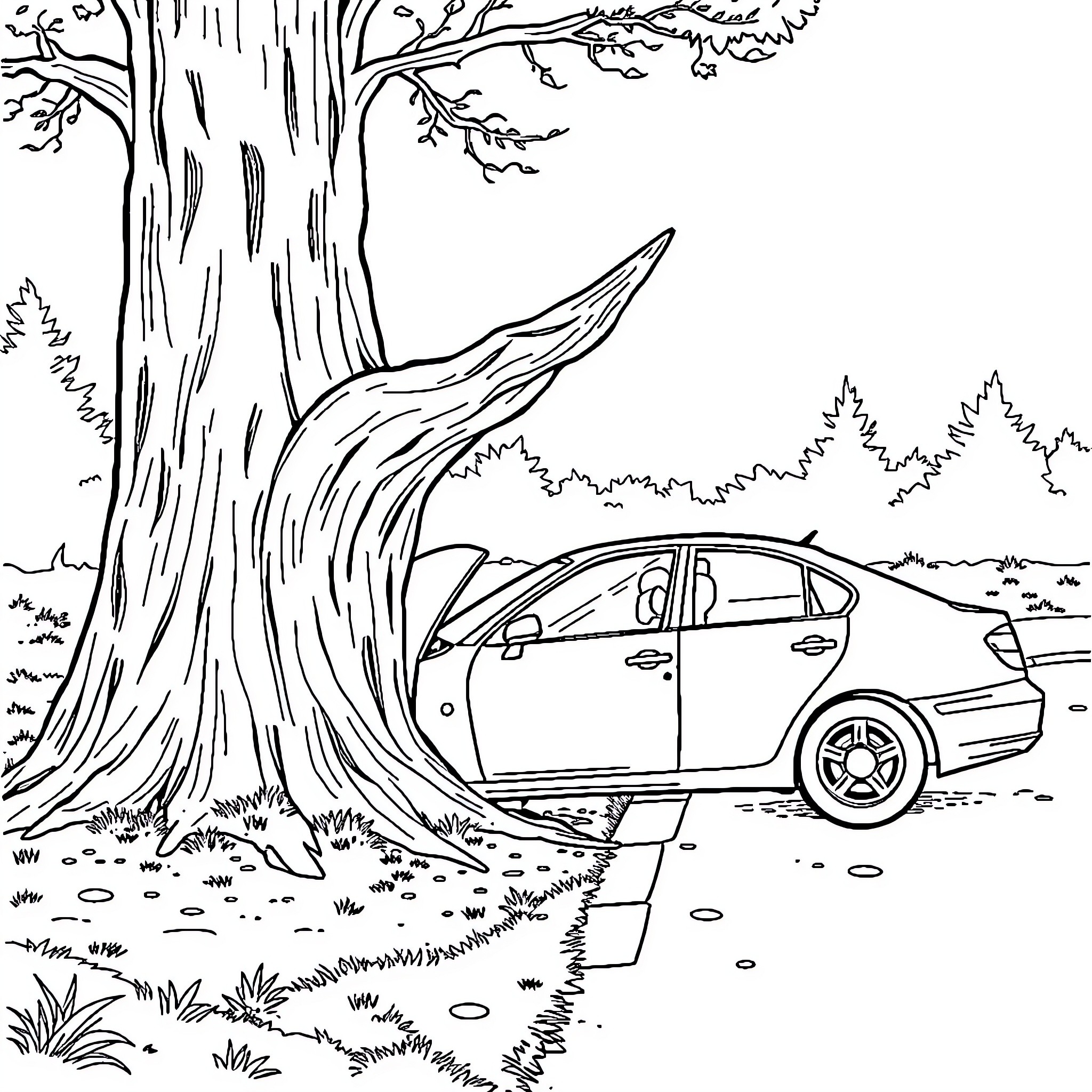 Car parked in forest clearing under tree Coloring Page (free black-and-white line drawing printable PDF for all, from beginners to advanced learners, including children, teens, adults, and seniors)