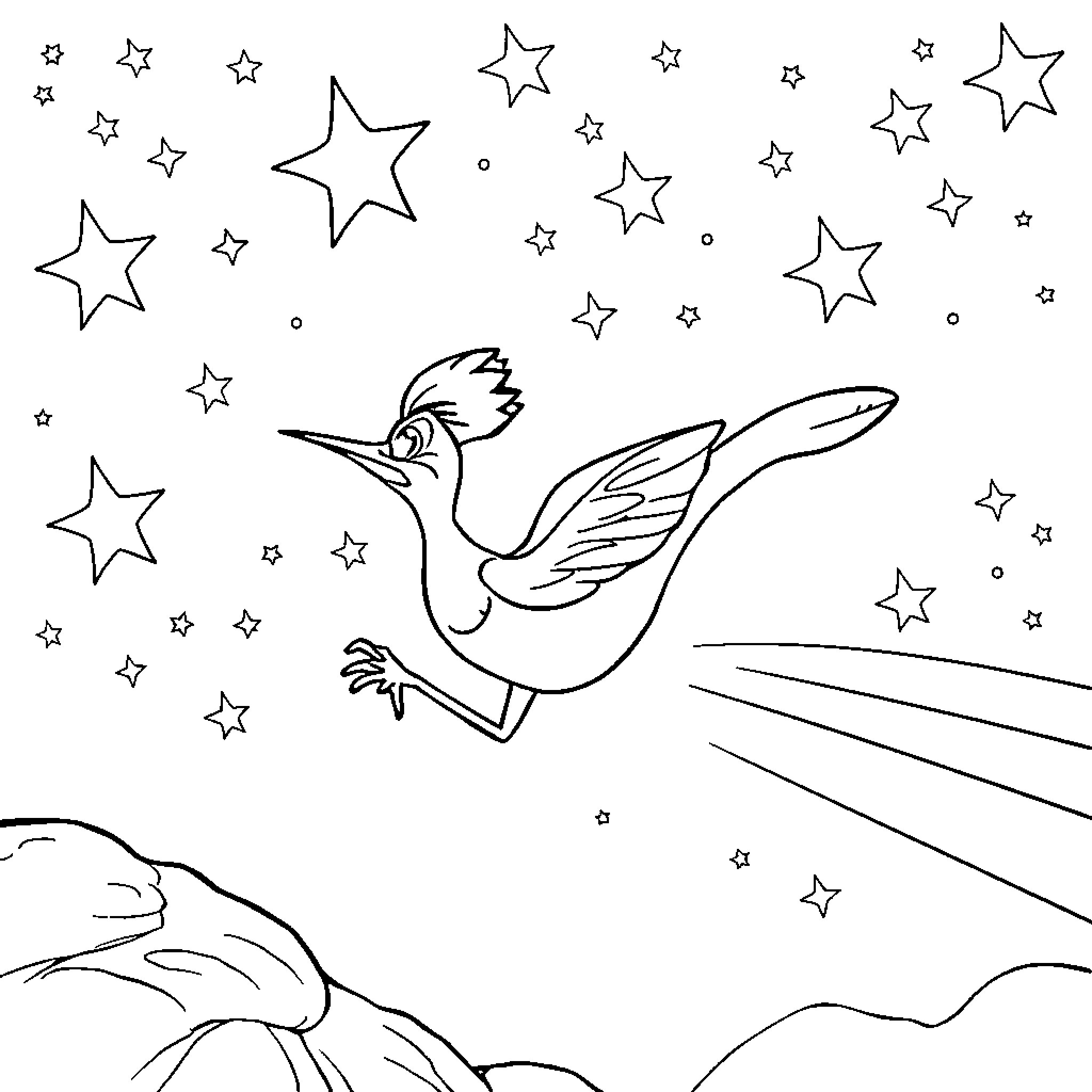 Roadrunner soaring amongst the stars Coloring Page (free black-and-white line drawing printable PDF for all, from beginners to advanced learners, including children, teens, adults, and seniors)