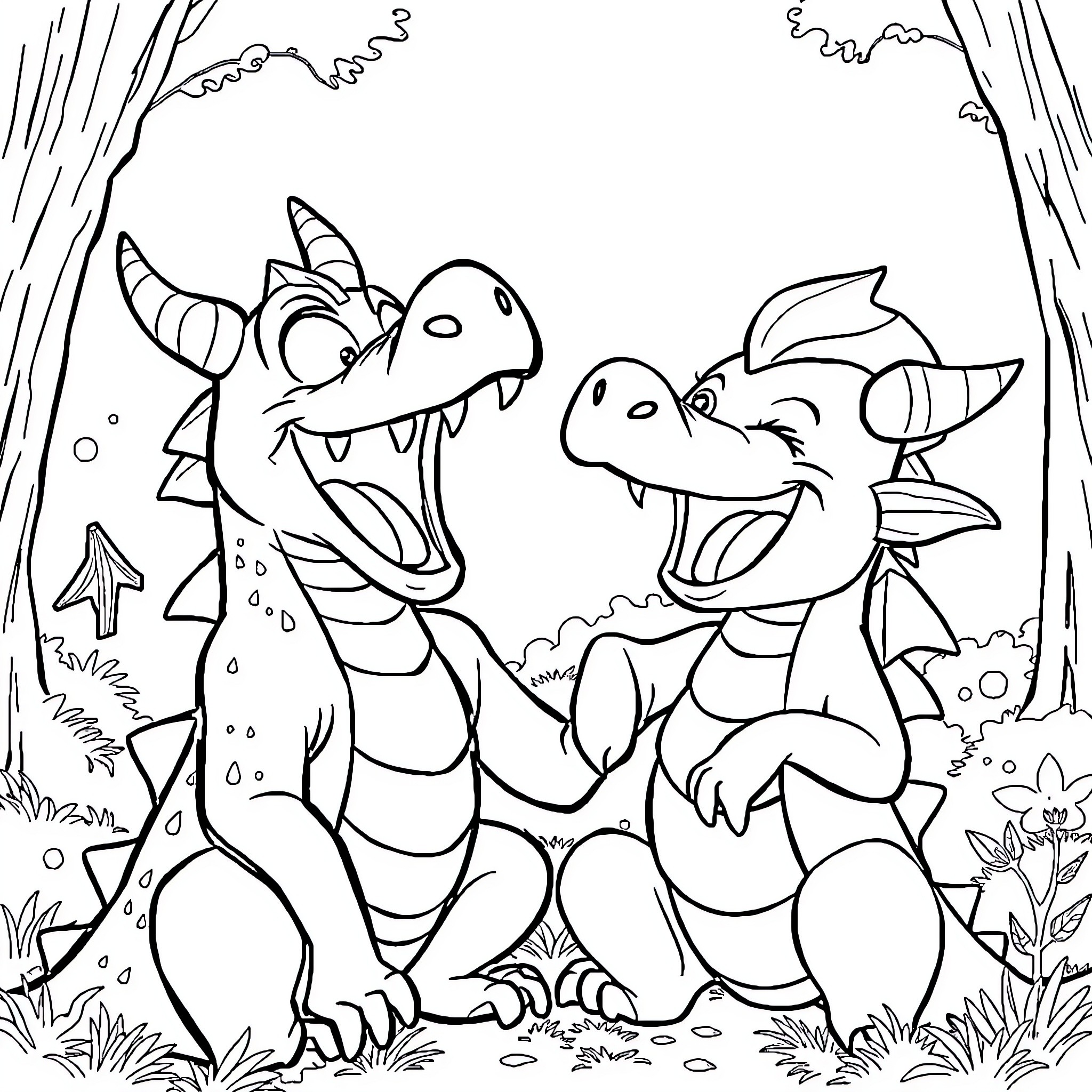 Funneh Dinosaurs Playing in the Forest Coloring Page (free black-and-white line drawing printable PDF for all, from beginners to advanced learners, including children, teens, adults, and seniors)