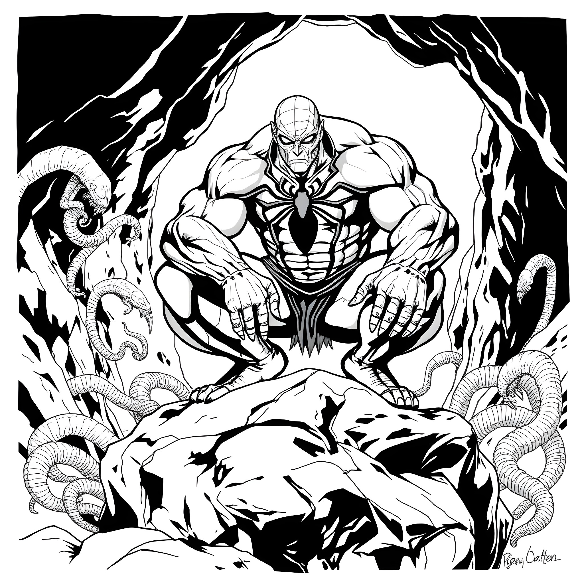 Venom Unleashing Rage in Darkened Void Coloring Page (free black-and-white line drawing printable PDF for all, from beginners to advanced learners, including children, teens, adults, and seniors)