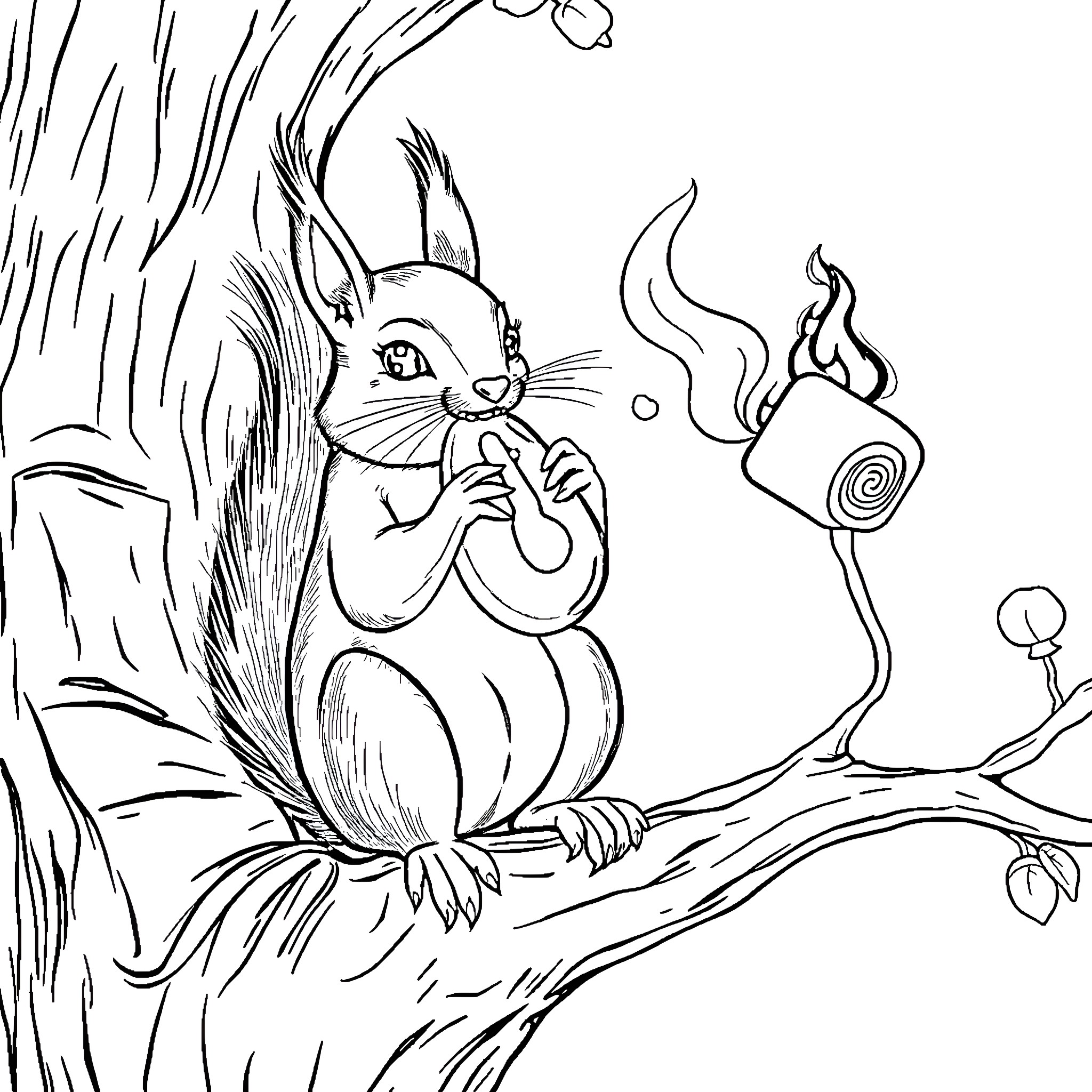 Squirrel contemplating the mysterious flame Coloring Page (free black-and-white line drawing printable PDF for all, from beginners to advanced learners, including children, teens, adults, and seniors)