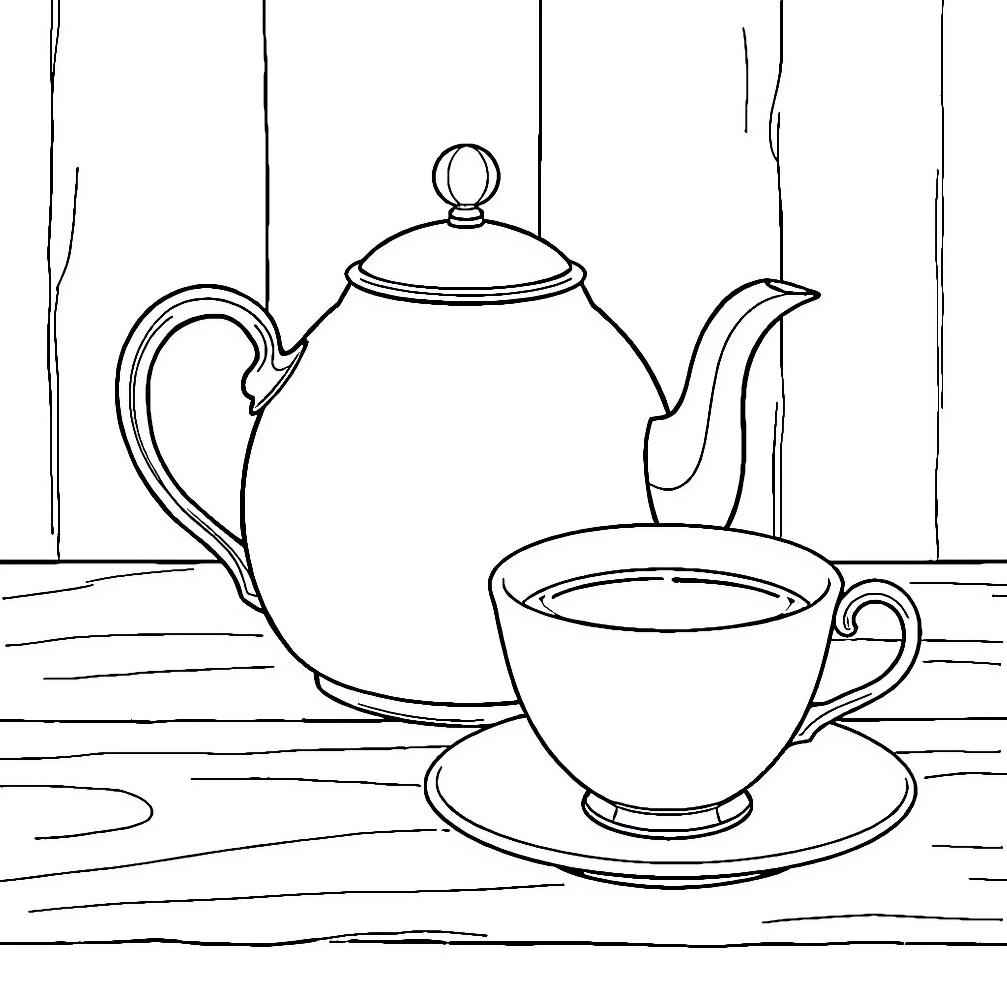 Teapot and Cup on Wooden Table Coloring Page (free black-and-white line drawing printable PDF for all, from beginners to advanced learners, including children, teens, adults, and seniors)