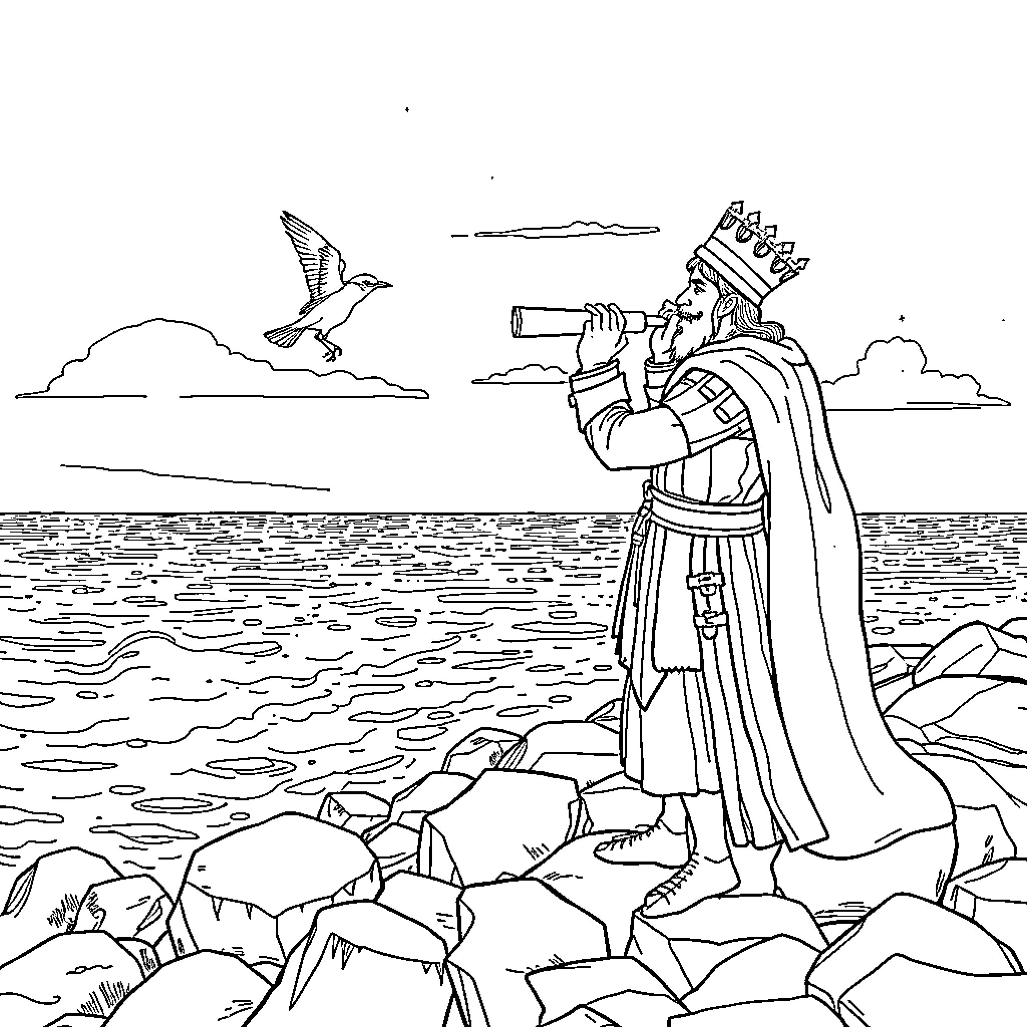 King Arthur Surveying the Landscape with a Telescope Coloring Page (free black-and-white line drawing printable PDF for all, from beginners to advanced learners, including children, teens, adults, and seniors)