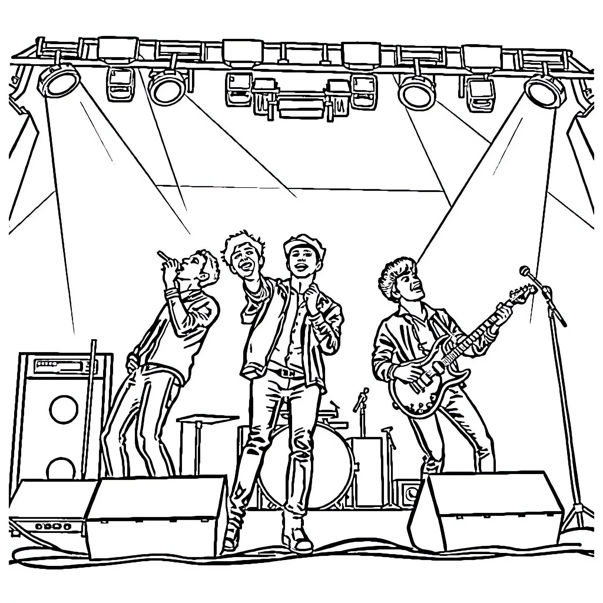 Big Time Rush Performing on Stage Coloring Page (free black-and-white line drawing printable PDF for all, from beginners to advanced learners, including children, teens, adults, and seniors)