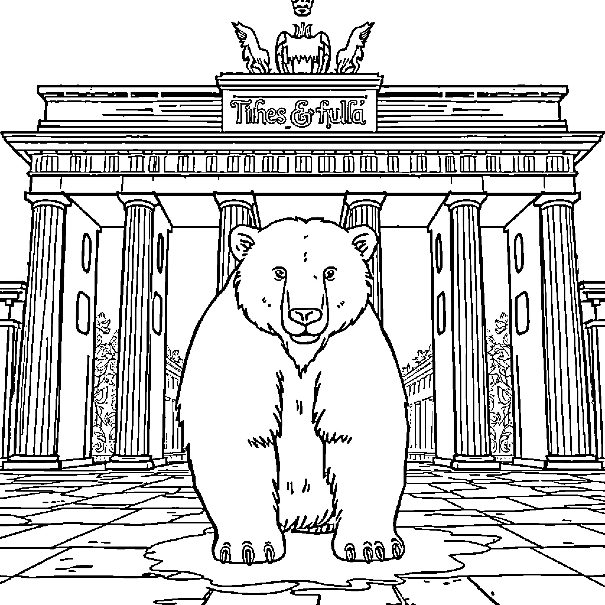 Bear Standing Before Iconic Berlin Landmark Coloring Page (free black-and-white line drawing printable PDF for all, from beginners to advanced learners, including children, teens, adults, and seniors)