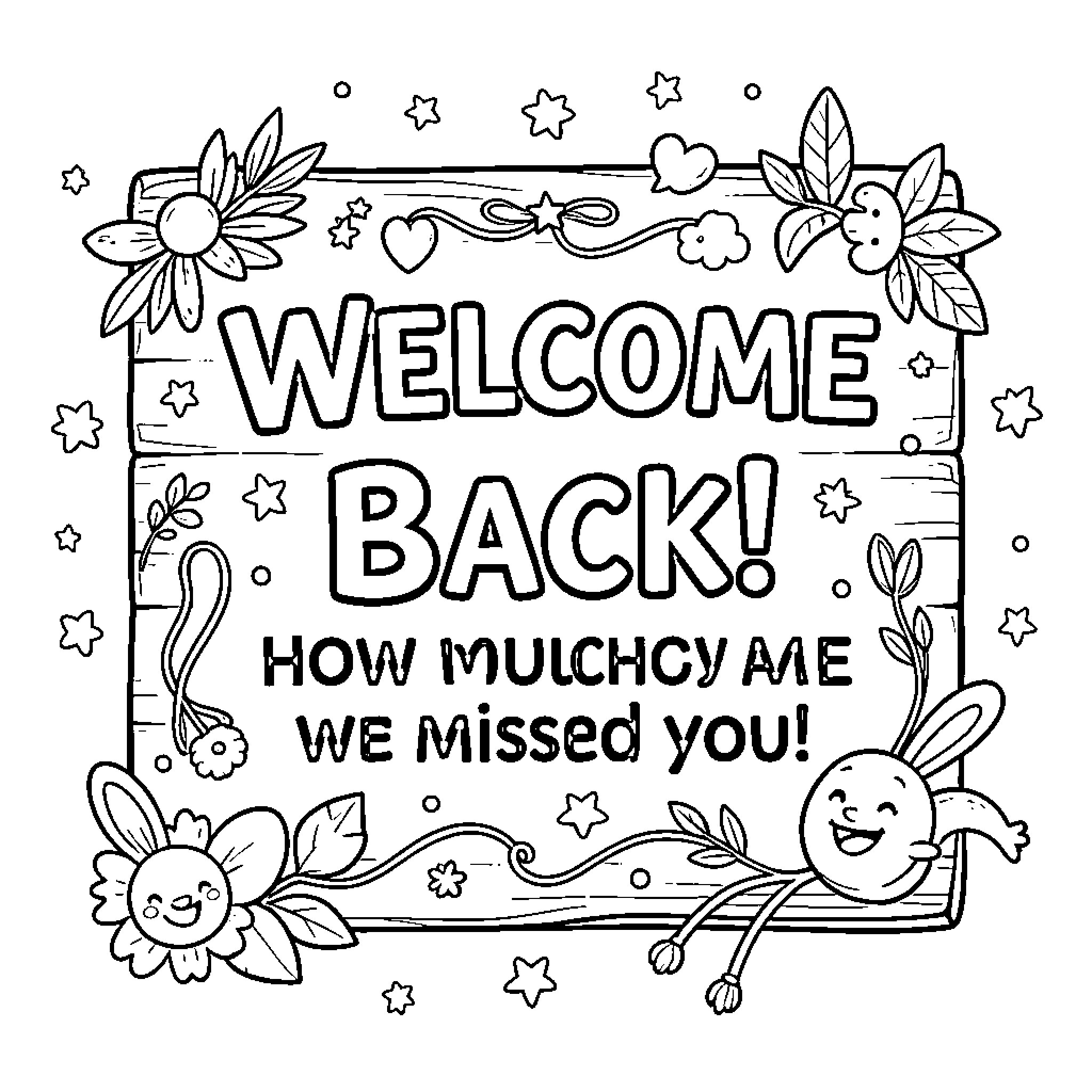 Greeting with floral and whimsical designs Coloring Page (free black-and-white line drawing printable PDF for all, from beginners to advanced learners, including children, teens, adults, and seniors)