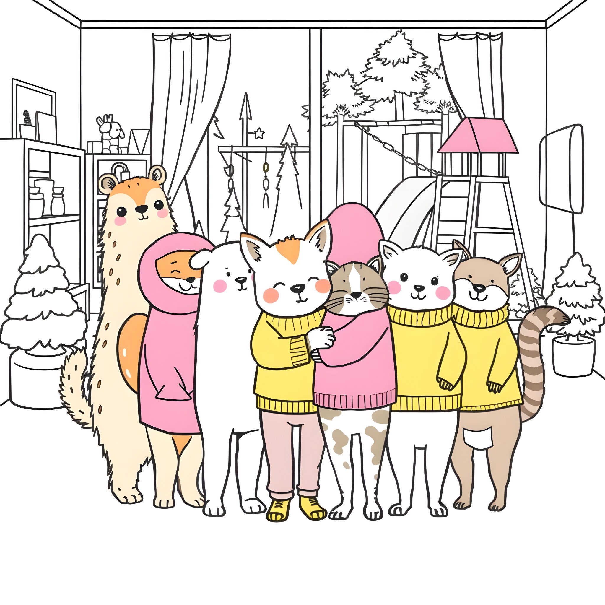 Animal friends enjoying a cozy winter day indoors Coloring Page (free black-and-white line drawing printable PDF for all, from beginners to advanced learners, including children, teens, adults, and seniors)