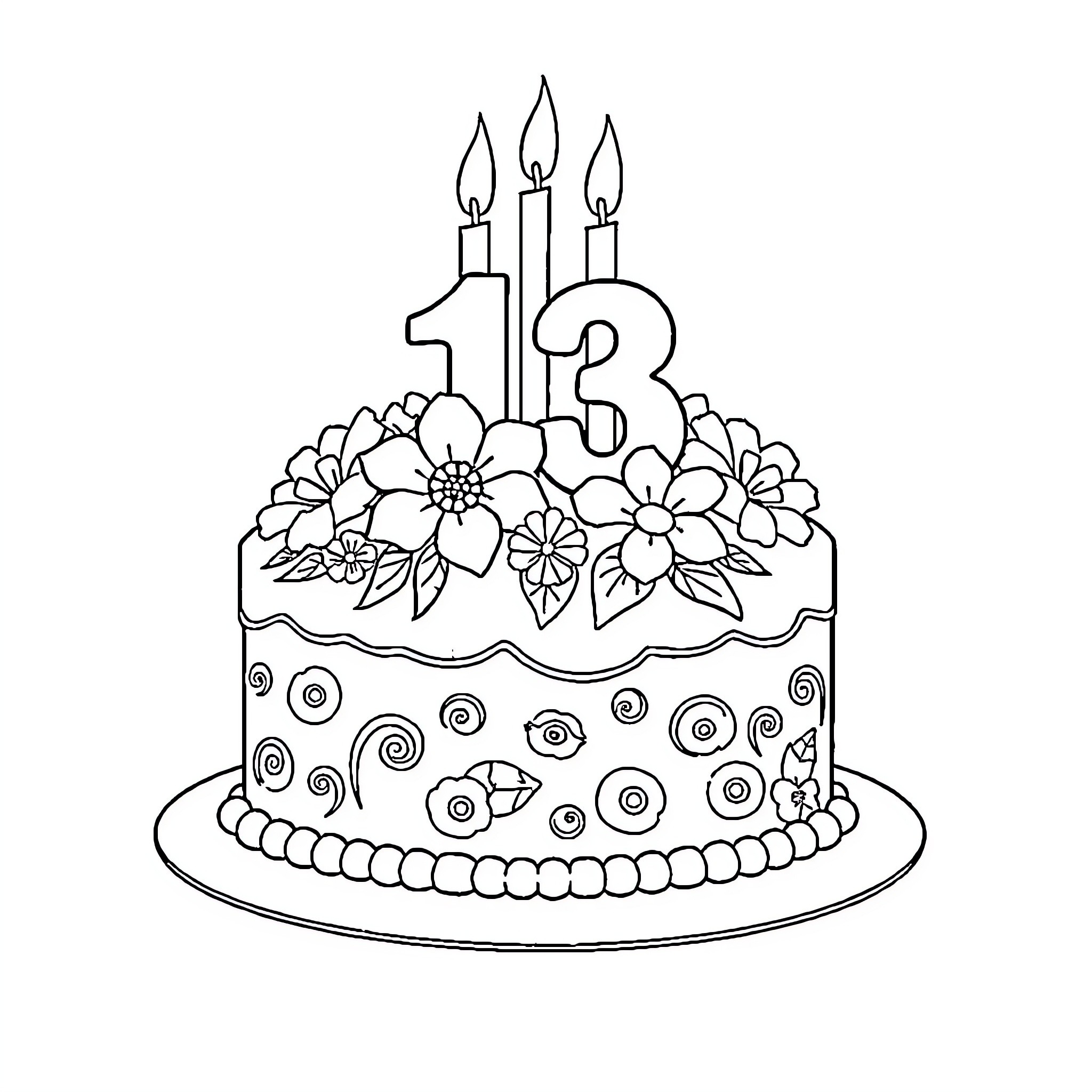 Birthday Cake with Floral Decorations and Candles Coloring Page (free black-and-white line drawing printable PDF for all, from beginners to advanced learners, including children, teens, adults, and seniors)