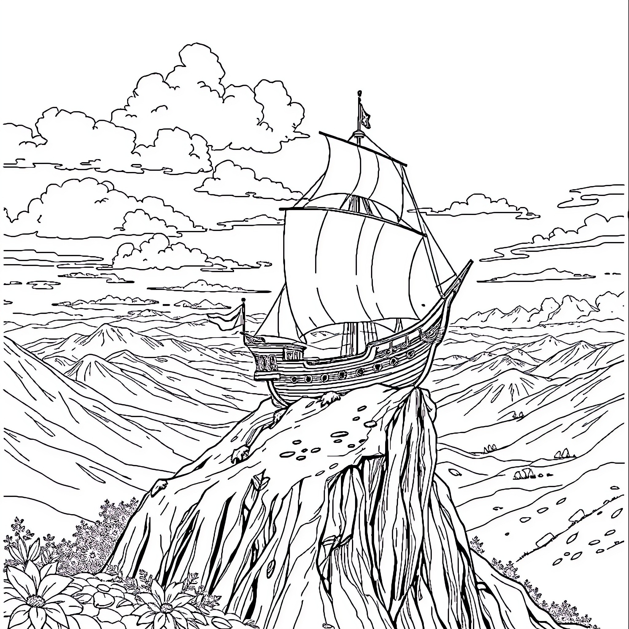 Pirate Ship Sailing Through Stormy Seas Coloring Page (free black-and-white line drawing printable PDF for all, from beginners to advanced learners, including children, teens, adults, and seniors)