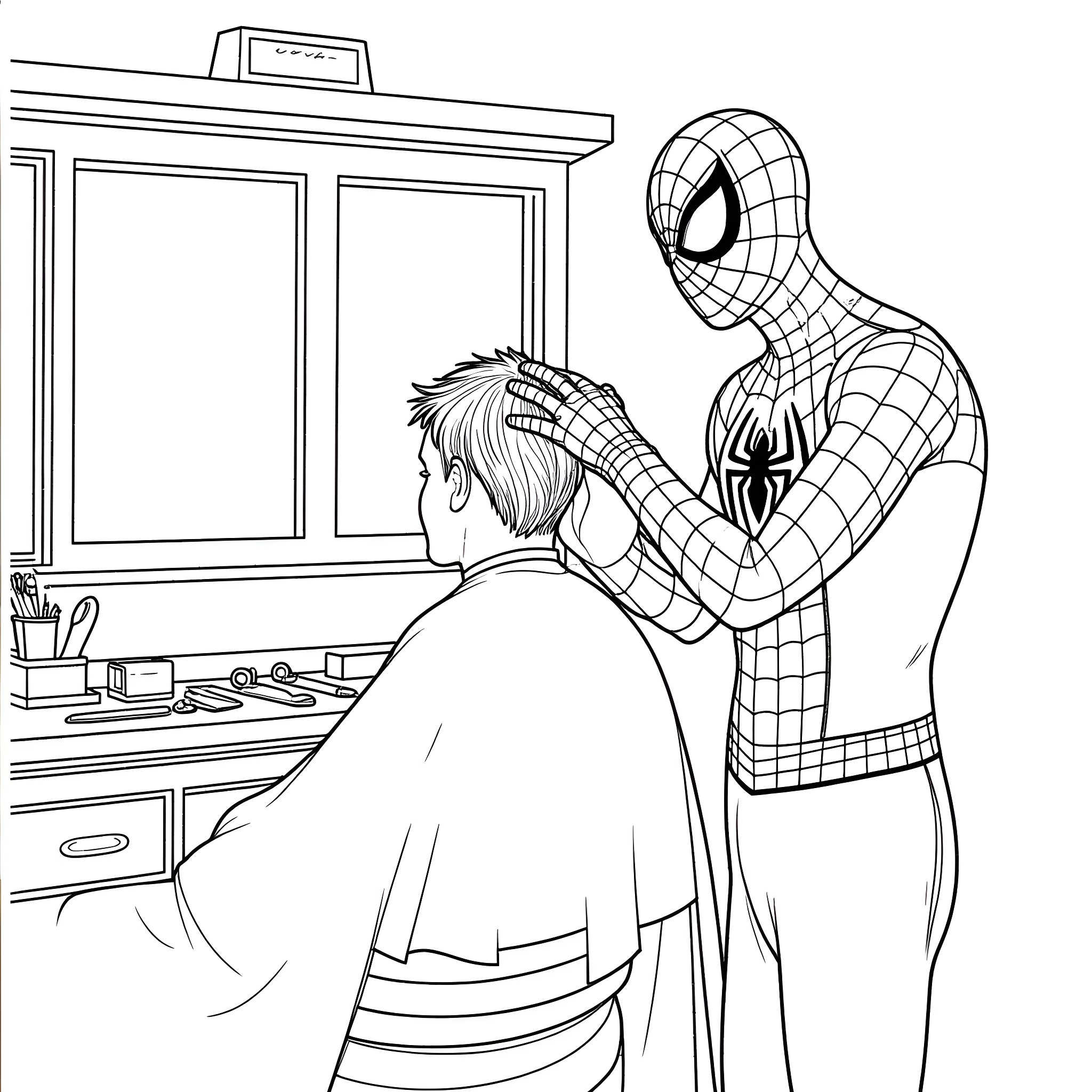 Spider-Man Cutting Customer's Hair in Salon Coloring Page (free black-and-white line drawing printable PDF for all, from beginners to advanced learners, including children, teens, adults, and seniors)