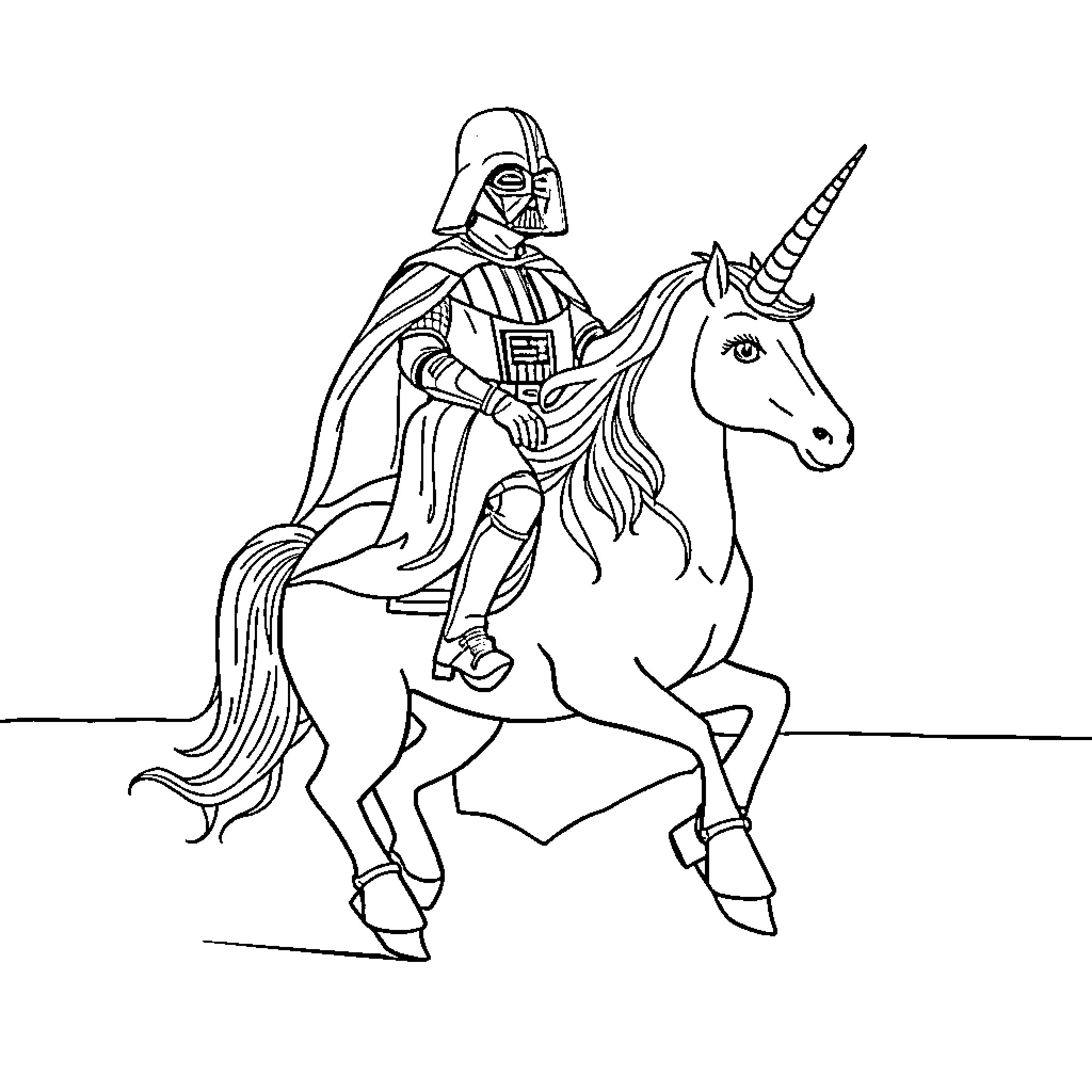 Darth Vader Riding a Unicorn Coloring Page (free black-and-white line drawing printable PDF for all, from beginners to advanced learners, including children, teens, adults, and seniors)