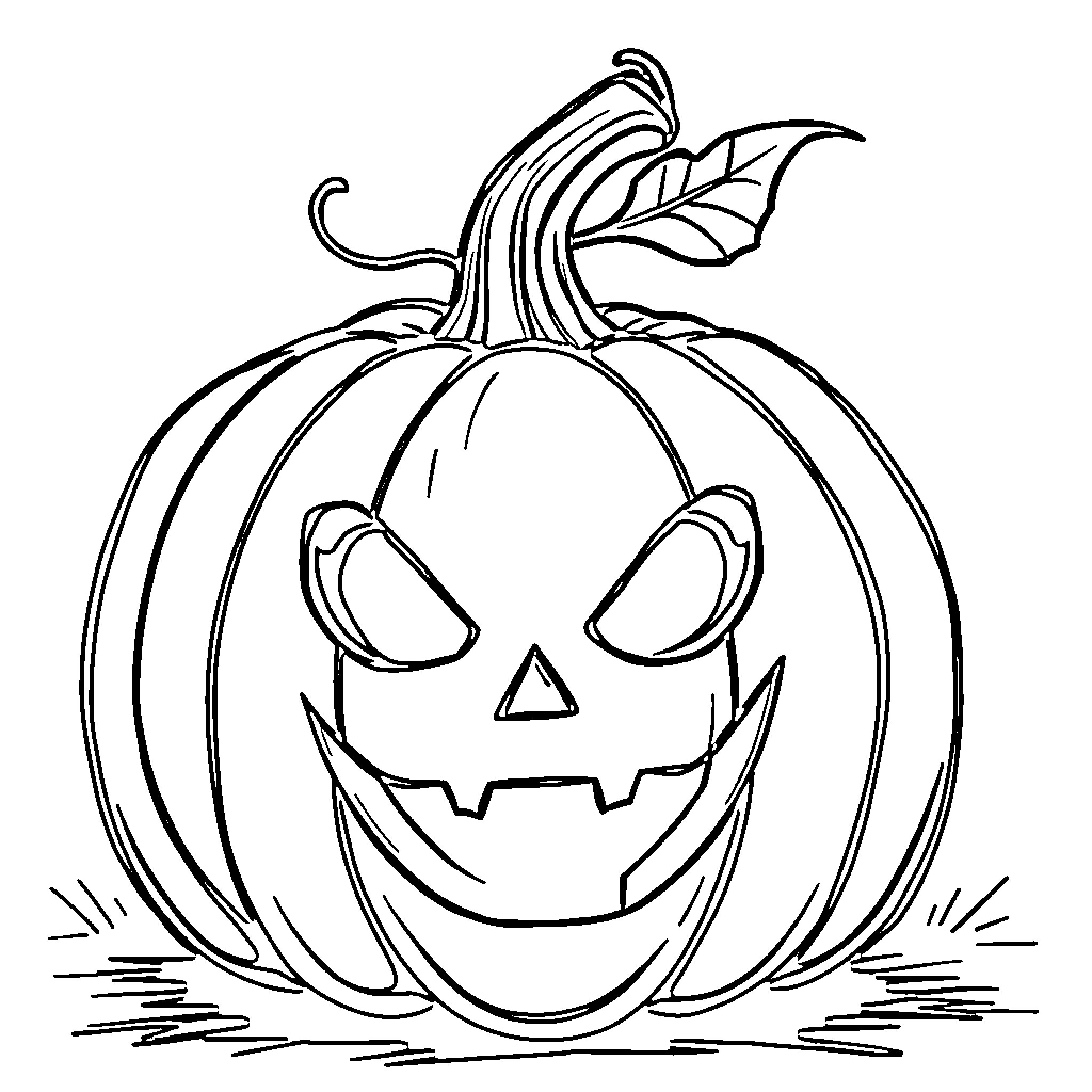 Pumpkin with Spooky Face and Leaves Coloring Page (free black-and-white line drawing printable PDF for all, from beginners to advanced learners, including children, teens, adults, and seniors)