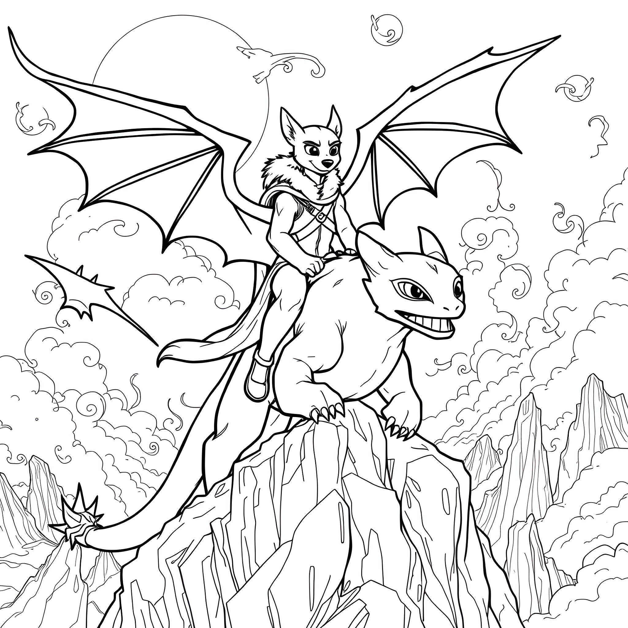 Dogman Riding on Winged Creature in Fantastical Landscape Coloring Page (free black-and-white line drawing printable PDF for all, from beginners to advanced learners, including children, teens, adults, and seniors)