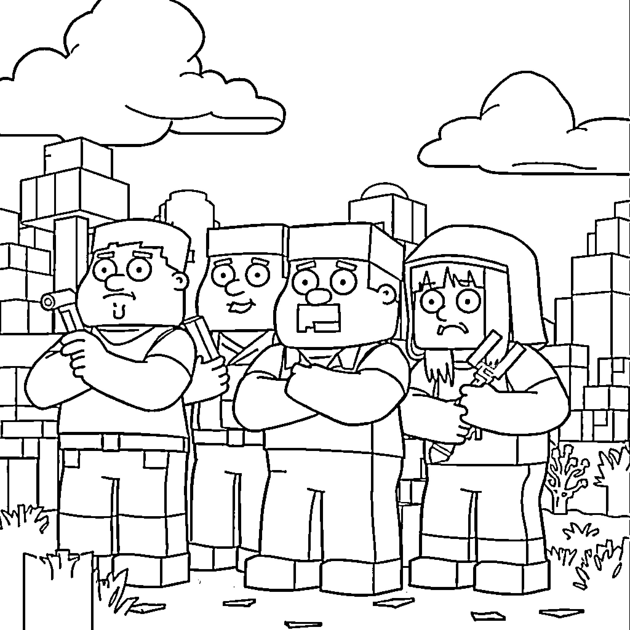 Family Guy characters in a city scene Coloring Page (free black-and-white line drawing printable PDF for all, from beginners to advanced learners, including children, teens, adults, and seniors)