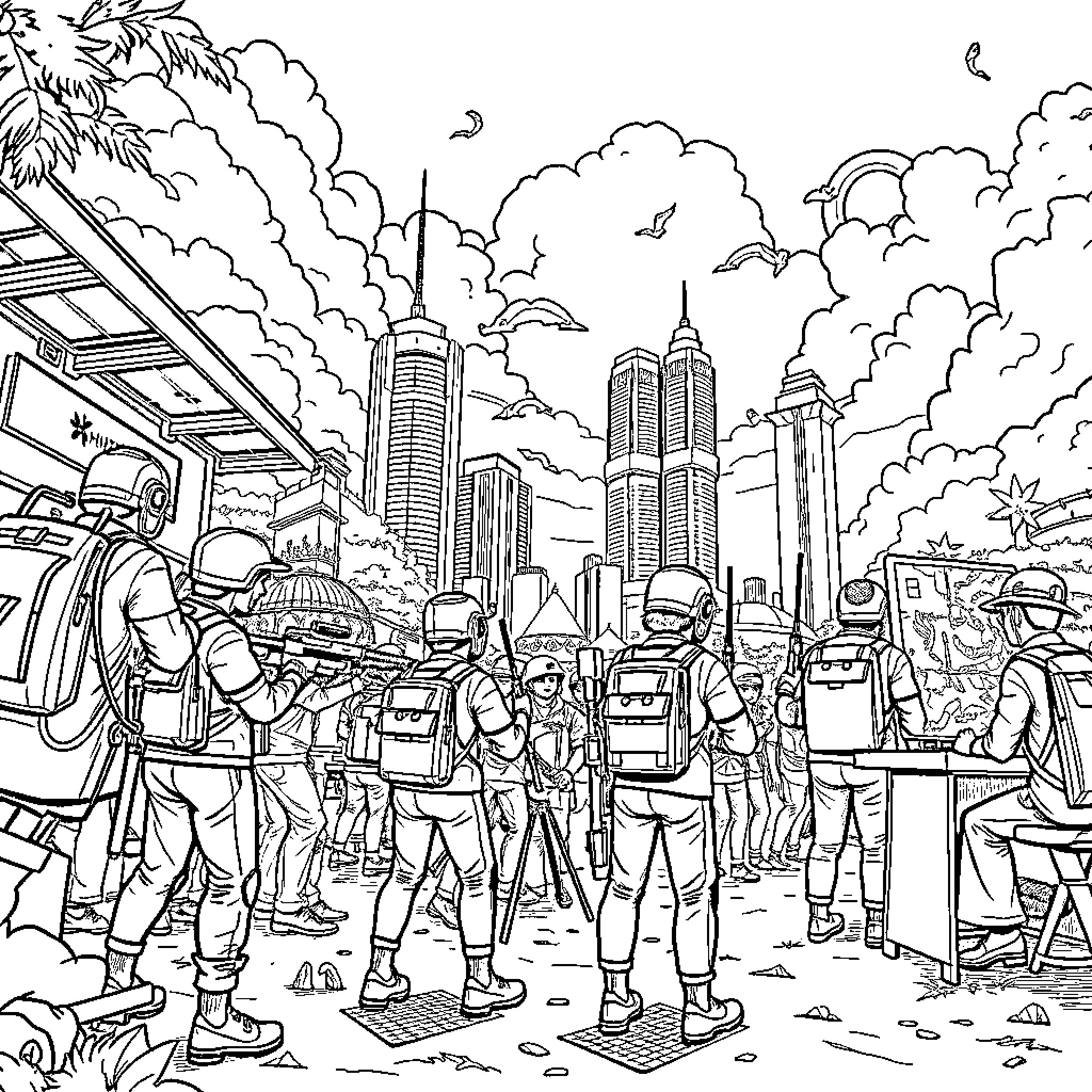 Huntrix Warriors Surveying the Futuristic City Skyline Coloring Page (free black-and-white line drawing printable PDF for all, from beginners to advanced learners, including children, teens, adults, and seniors)