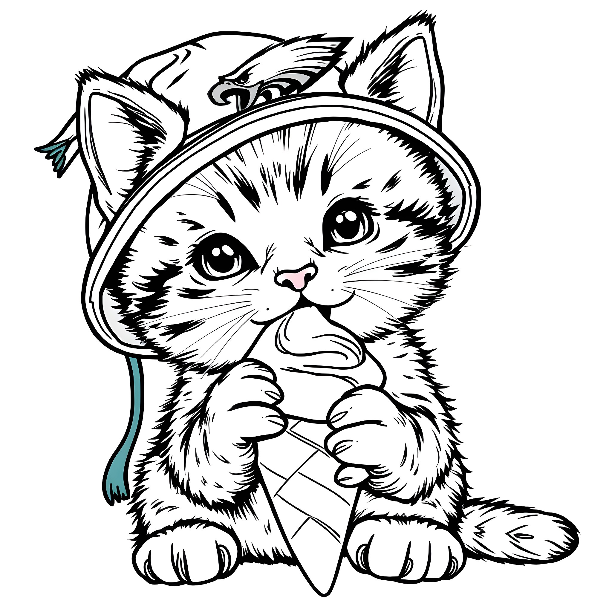 Kitten wearing a hat and playing with yarn Coloring Page (free black-and-white line drawing printable PDF for all, from beginners to advanced learners, including children, teens, adults, and seniors)