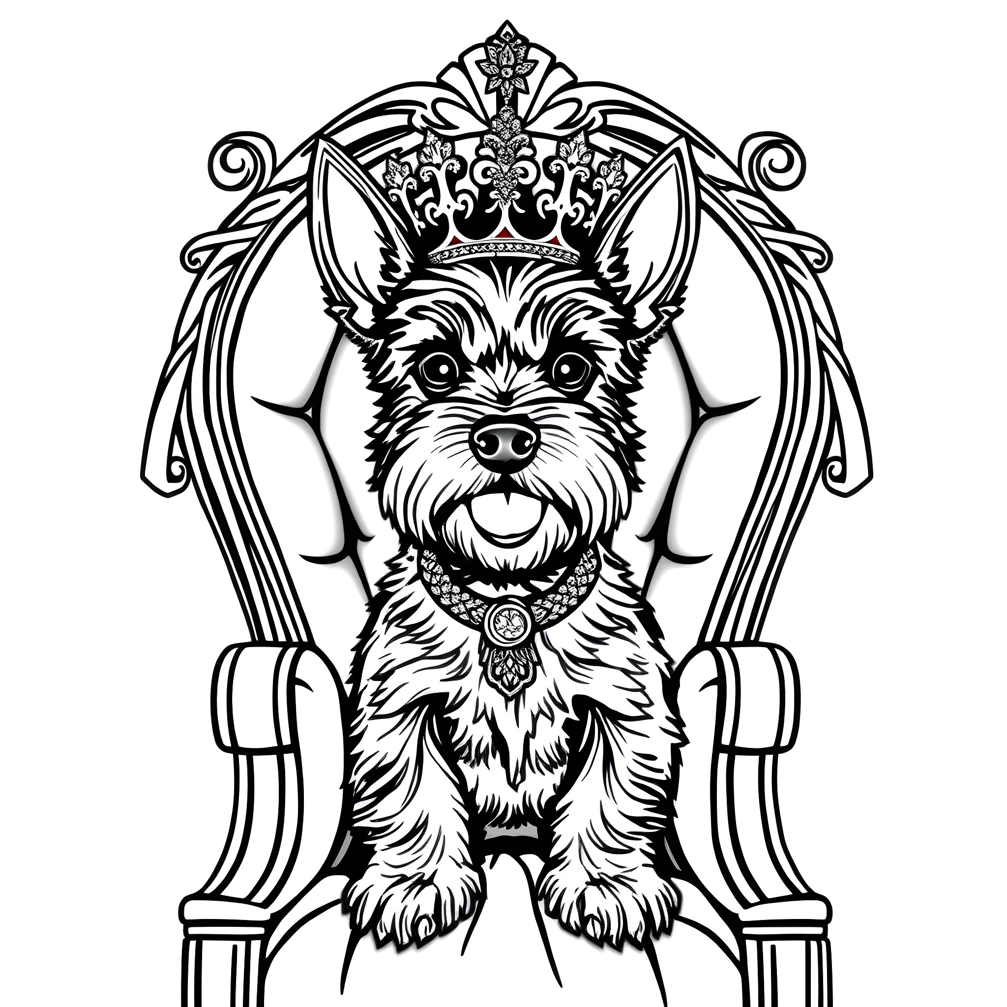 Schnauzer Dog Wearing Crown on Ornate Throne Coloring Page (free black-and-white line drawing printable PDF for all, from beginners to advanced learners, including children, teens, adults, and seniors)