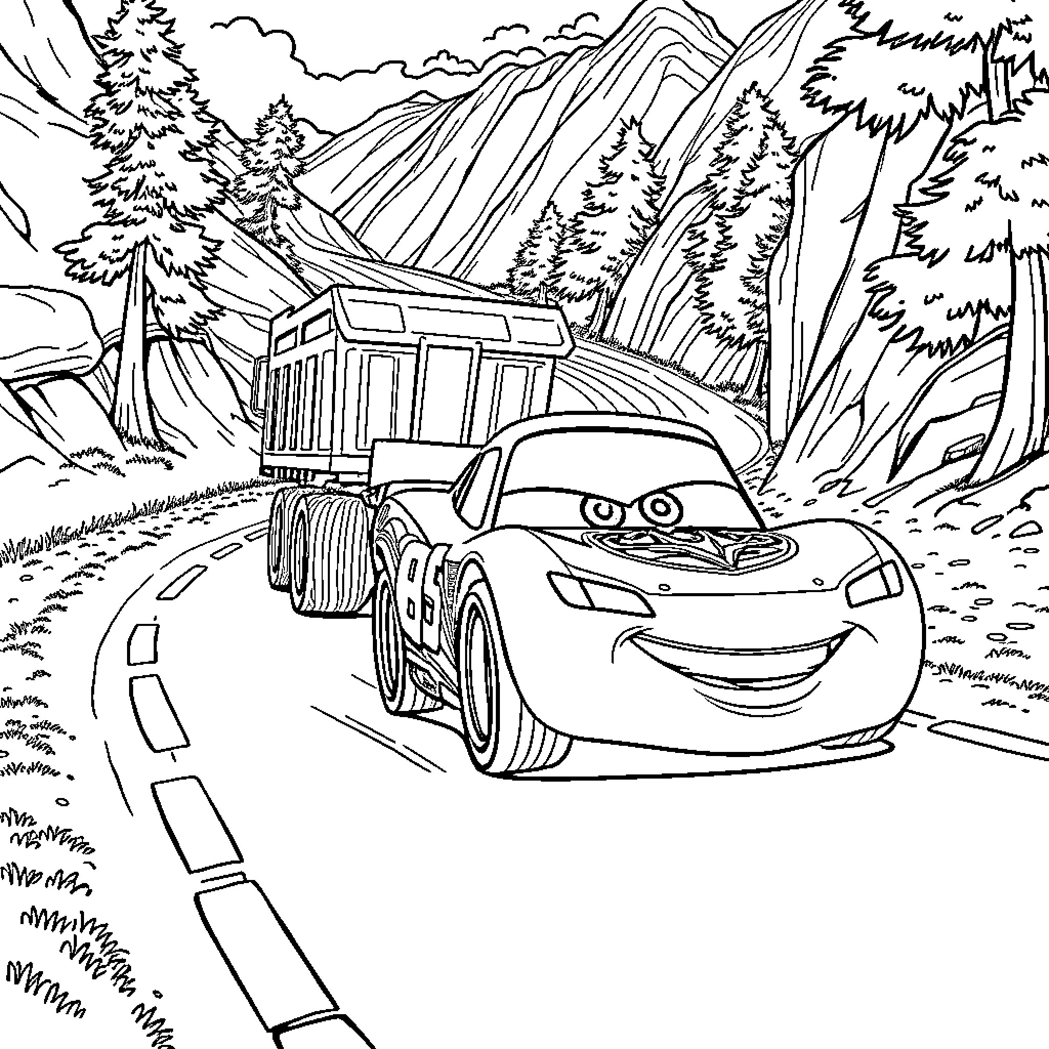 Lightning McQueen's Scenic Drive in the Mountains Coloring Page (free black-and-white line drawing printable PDF for all, from beginners to advanced learners, including children, teens, adults, and seniors)