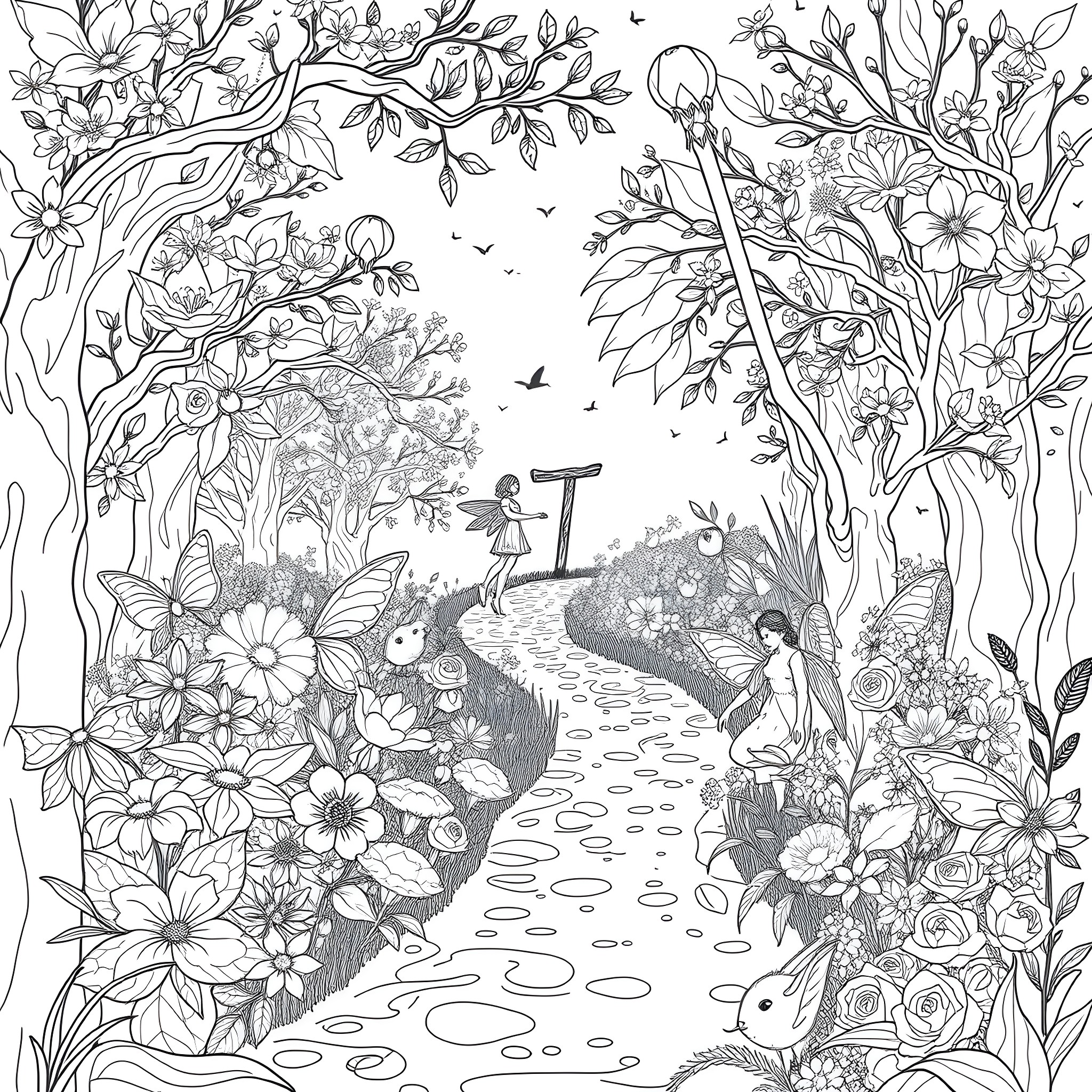 Spring Court with Whimsical Figures and Floral Elements Coloring Page (free black-and-white line drawing printable PDF for all, from beginners to advanced learners, including children, teens, adults, and seniors)