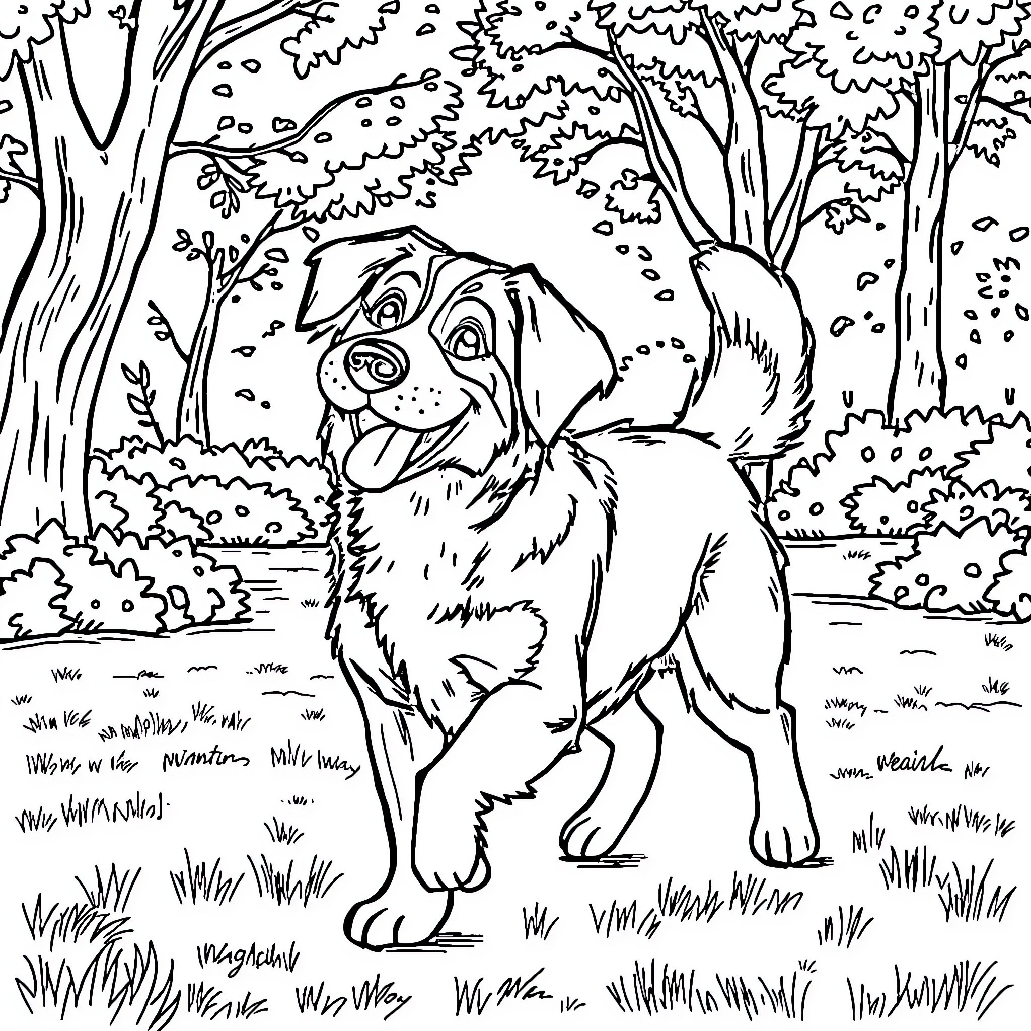 Dog exploring the enchanted forest Coloring Page (free black-and-white line drawing printable PDF for all, from beginners to advanced learners, including children, teens, adults, and seniors)
