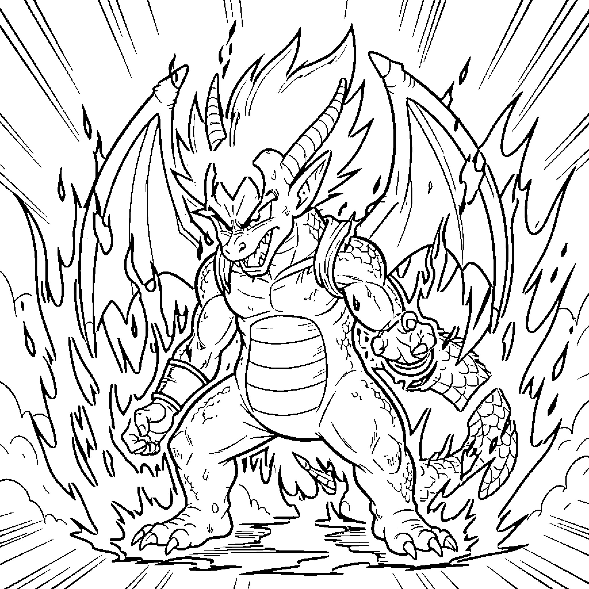 Dragon attacking heroic figure in fiery battle Coloring Page (free black-and-white line drawing printable PDF for all, from beginners to advanced learners, including children, teens, adults, and seniors)