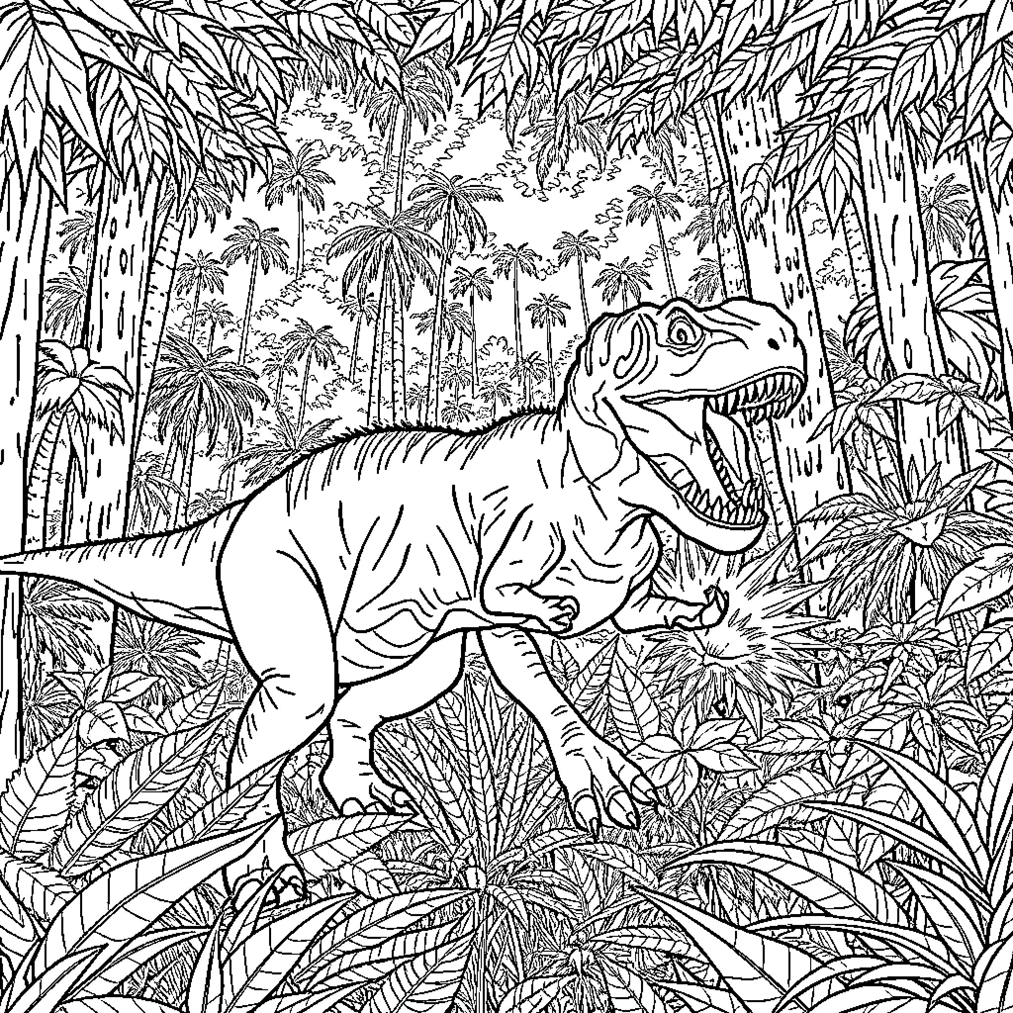 Indominus Rex stalking through the dense jungle Coloring Page (free black-and-white line drawing printable PDF for all, from beginners to advanced learners, including children, teens, adults, and seniors)