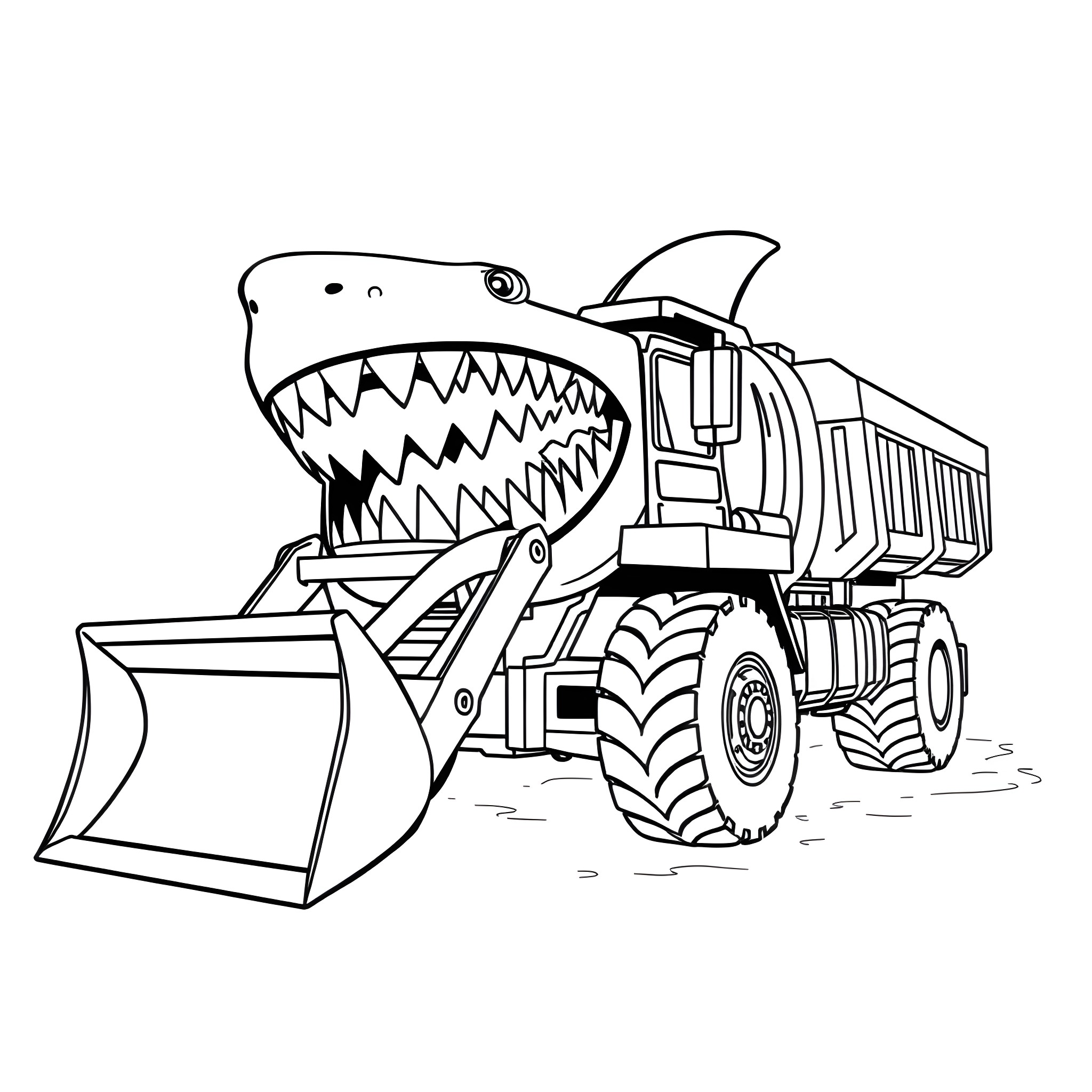 Shark Truck loading materials on construction site Coloring Page (free black-and-white line drawing printable PDF for all, from beginners to advanced learners, including children, teens, adults, and seniors)