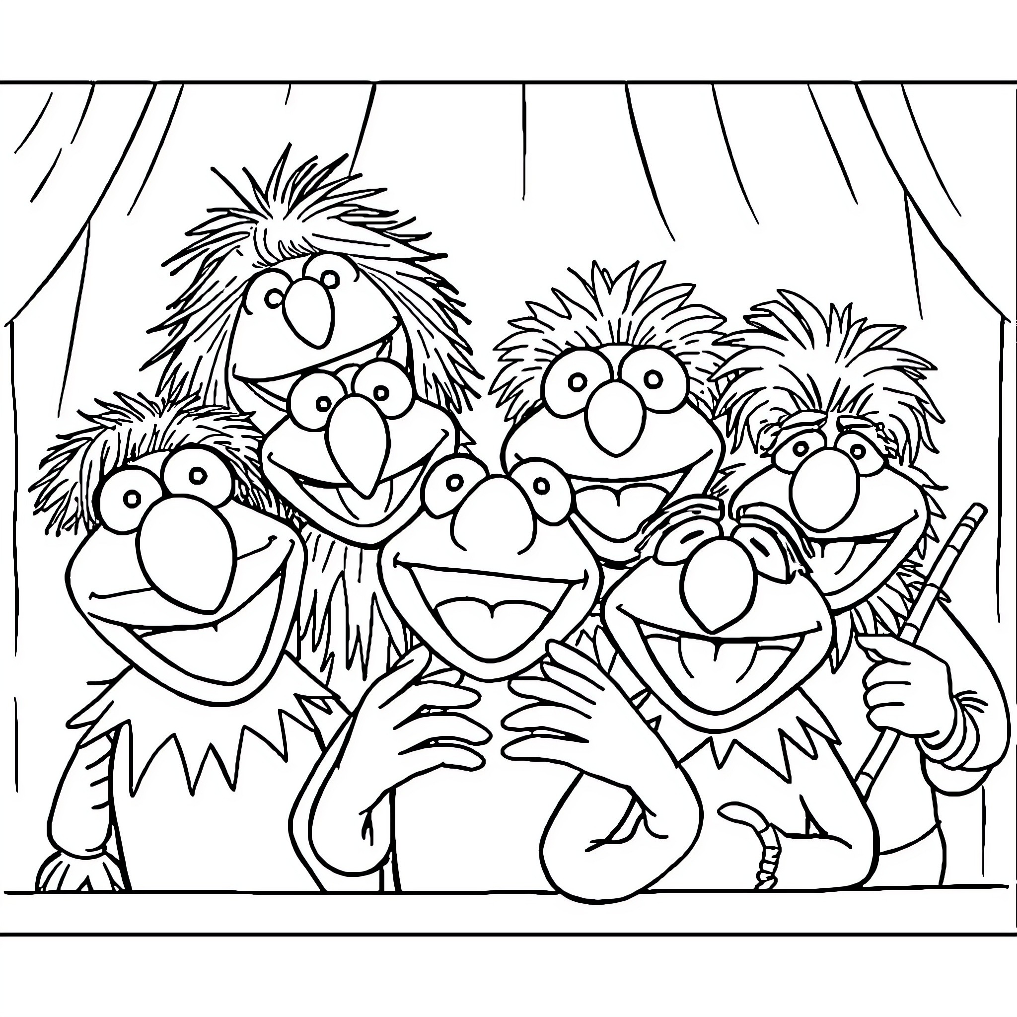 Muppet friends posing together happily Coloring Page (free black-and-white line drawing printable PDF for all, from beginners to advanced learners, including children, teens, adults, and seniors)