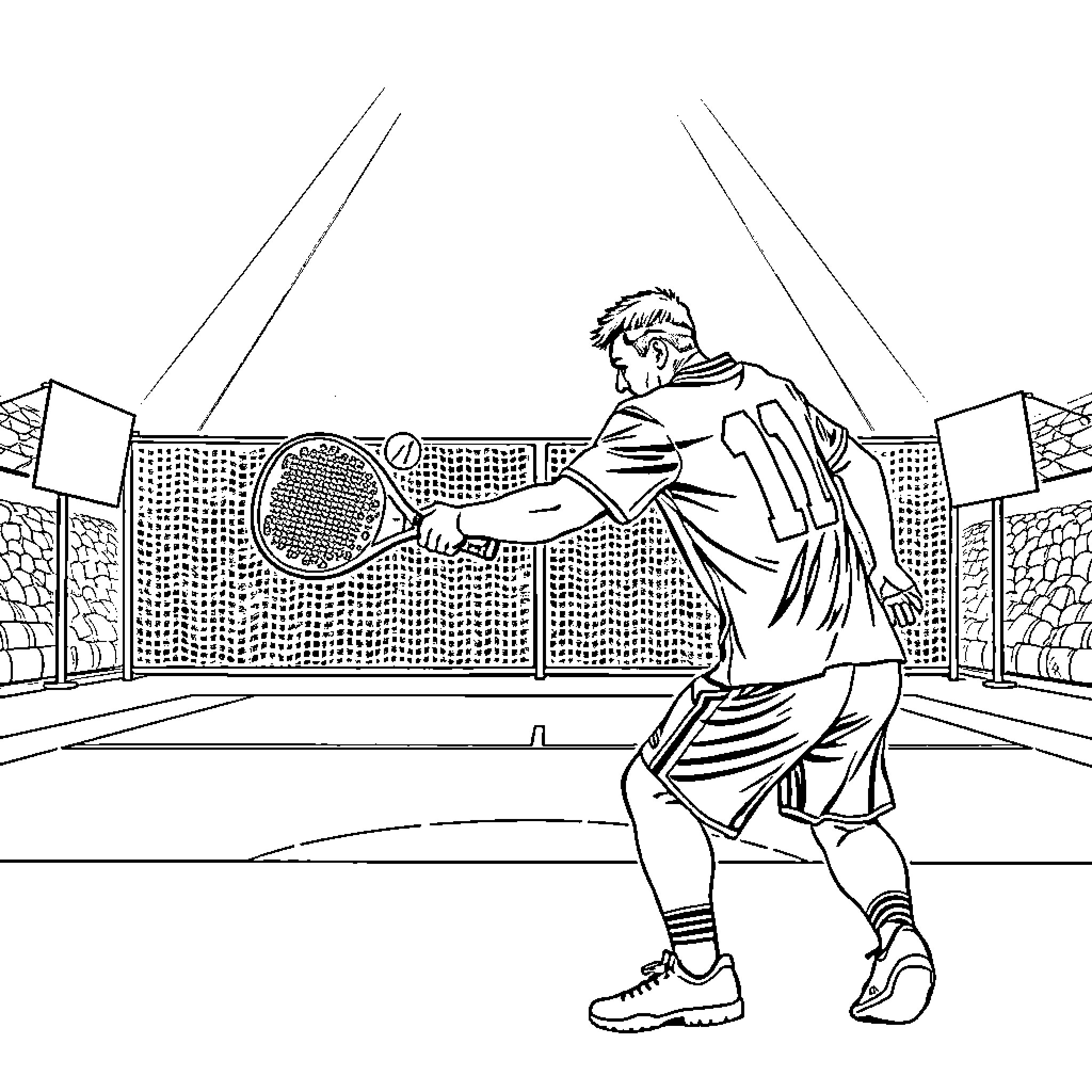 Messi's Intense Tennis Swing on Court Coloring Page (free black-and-white line drawing printable PDF for all, from beginners to advanced learners, including children, teens, adults, and seniors)