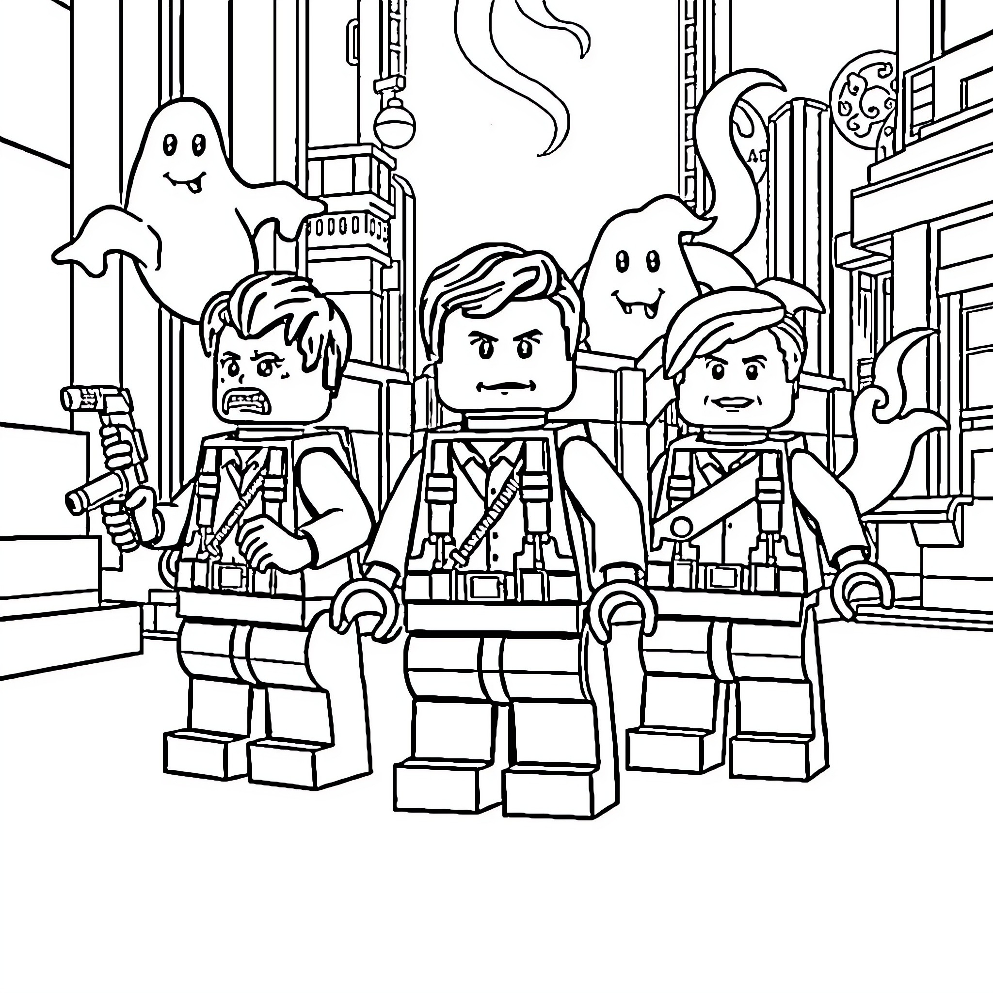 Ghostbusters characters in action against ghostly figures Coloring Page (free black-and-white line drawing printable PDF for all, from beginners to advanced learners, including children, teens, adults, and seniors)