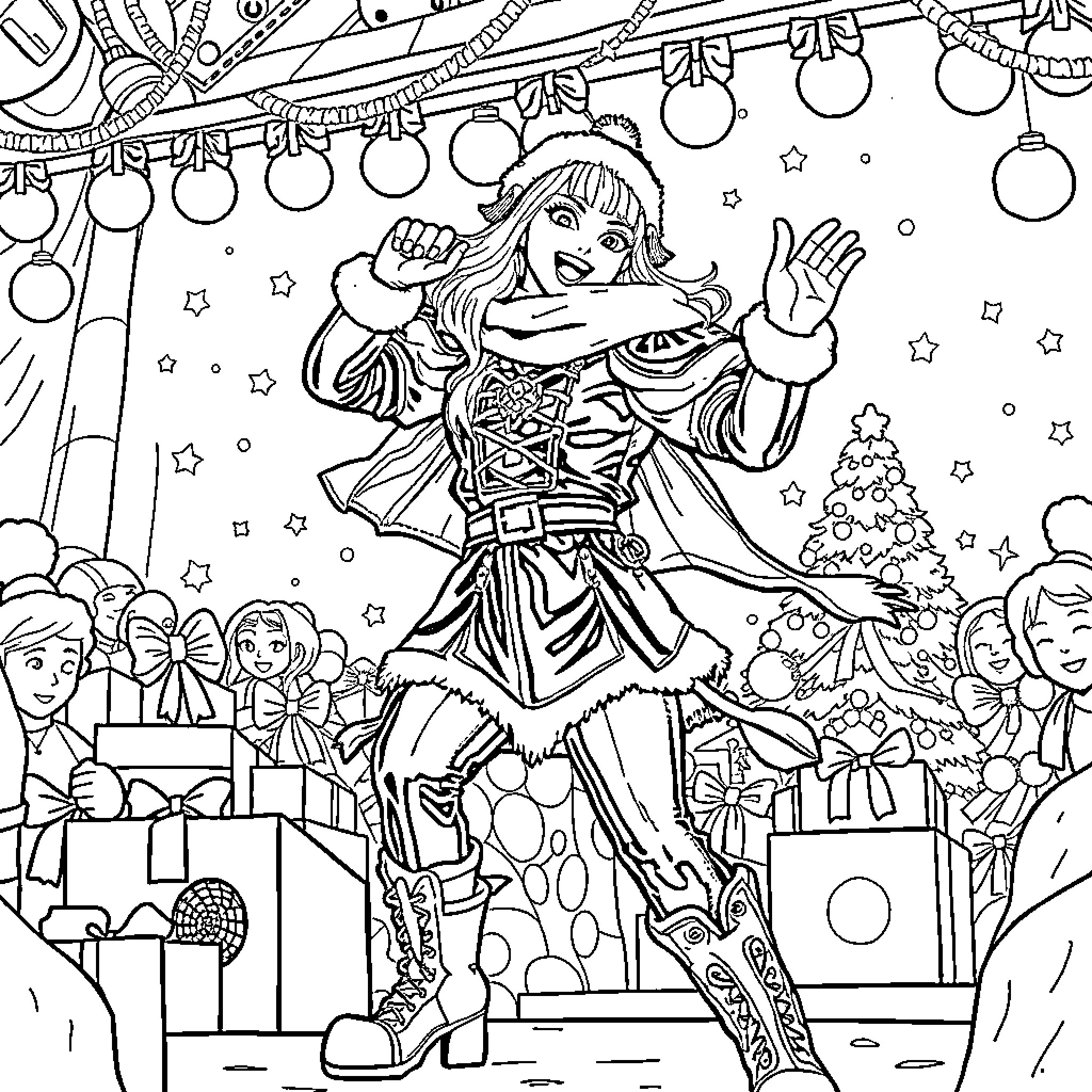 Rumi's festive holiday celebration Coloring Page (free black-and-white line drawing printable PDF for all, from beginners to advanced learners, including children, teens, adults, and seniors)