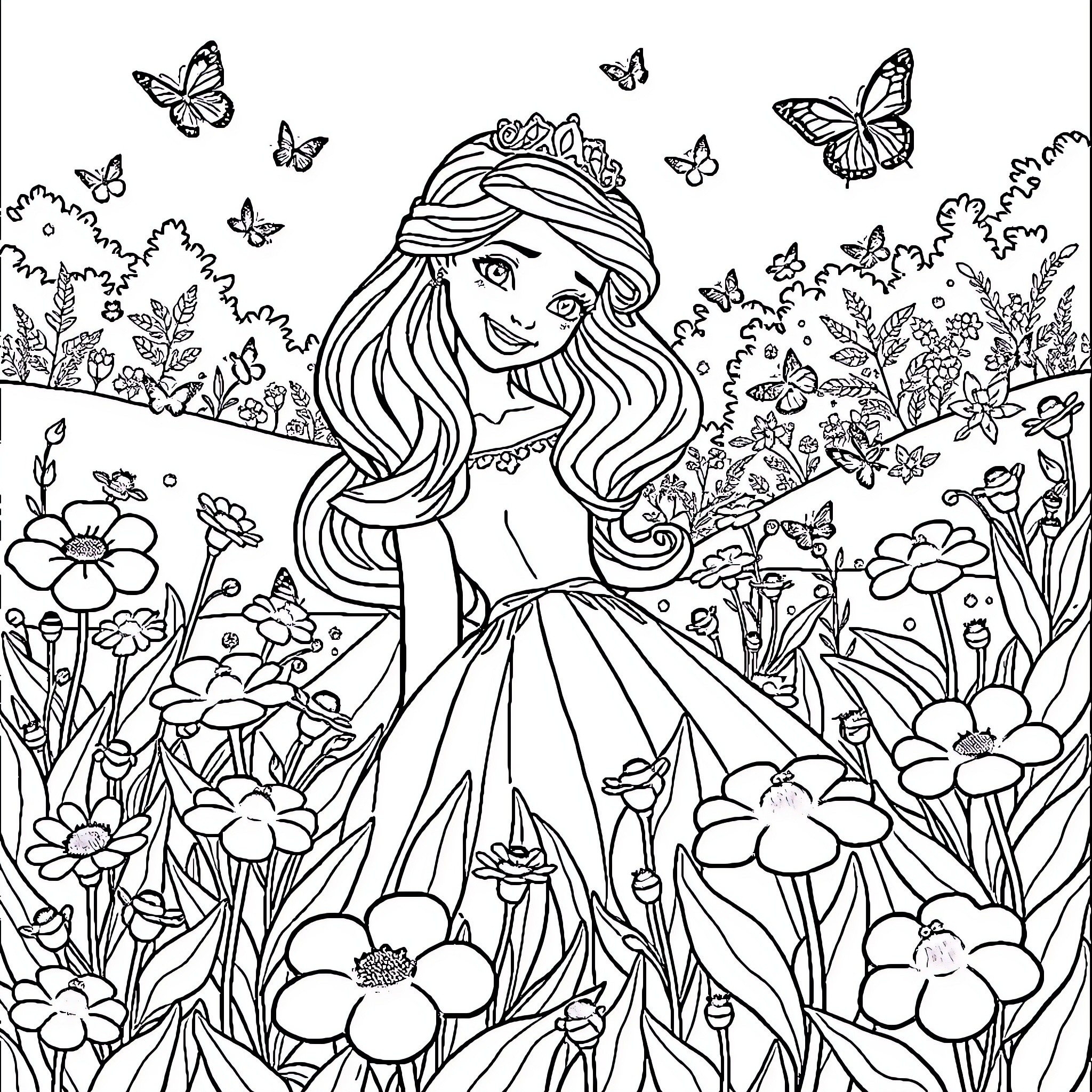 Princess Surrounded by Enchanting Butterflies and Flowers Coloring Page (free black-and-white line drawing printable PDF for all, from beginners to advanced learners, including children, teens, adults, and seniors)