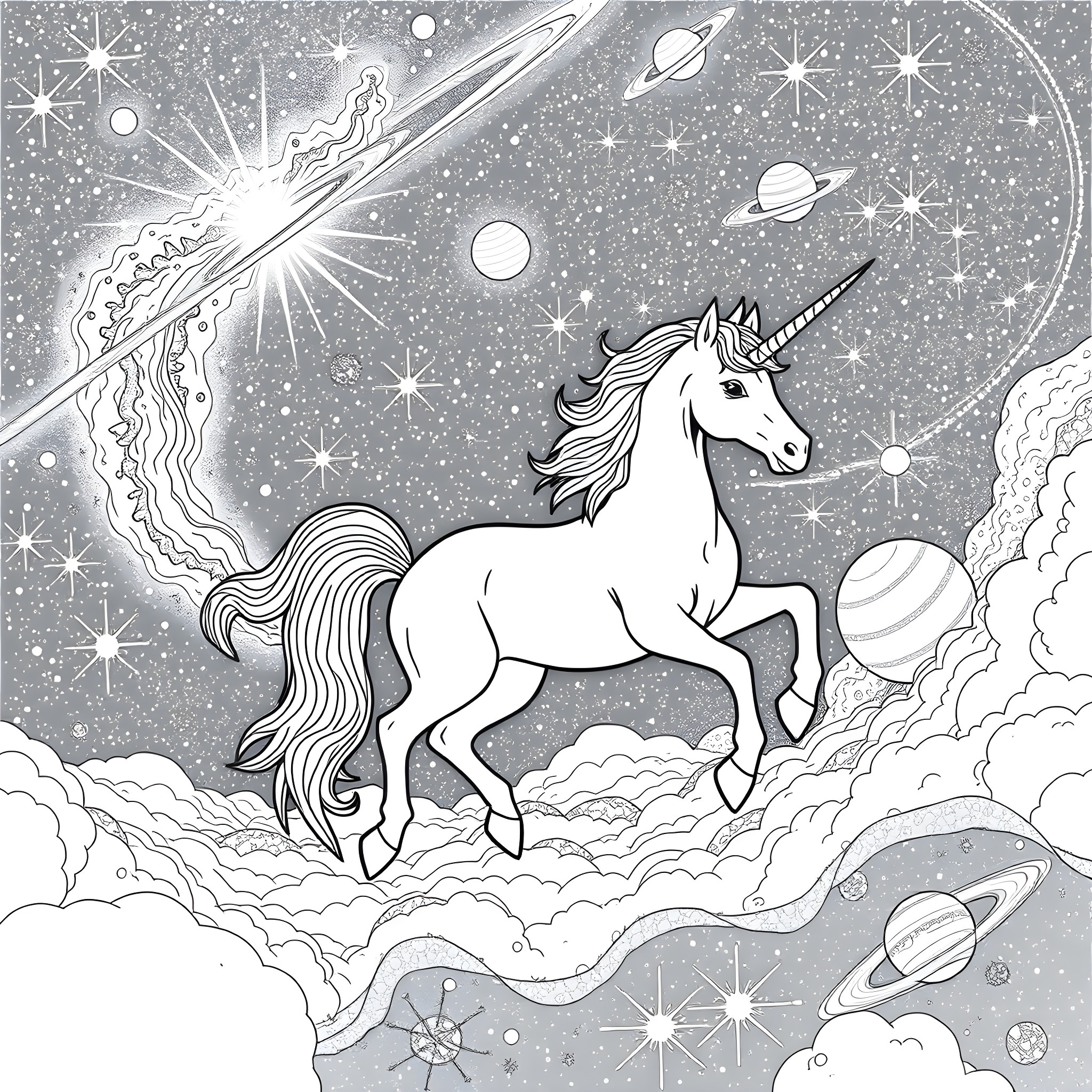 Unicorn galloping through a magical cosmic landscape Coloring Page (free black-and-white line drawing printable PDF for all, from beginners to advanced learners, including children, teens, adults, and seniors)
