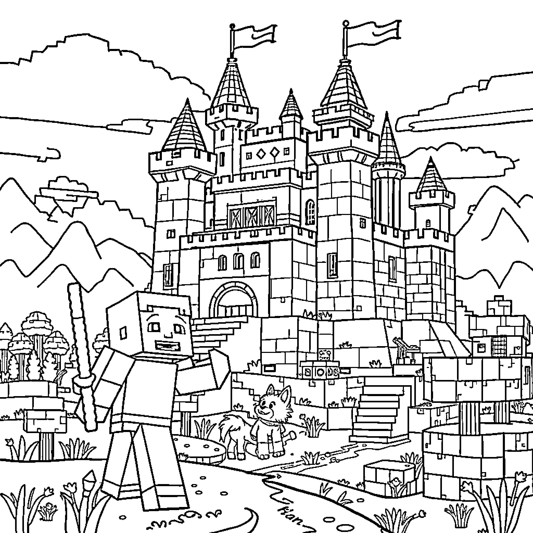 Minecraft castle with fantasy elements Coloring Page (free black-and-white line drawing printable PDF for all, from beginners to advanced learners, including children, teens, adults, and seniors)